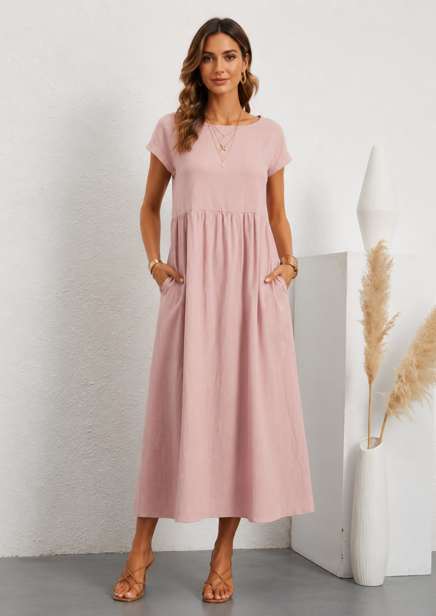 Women’s Linen Blend Midi Dress with Short Sleeves