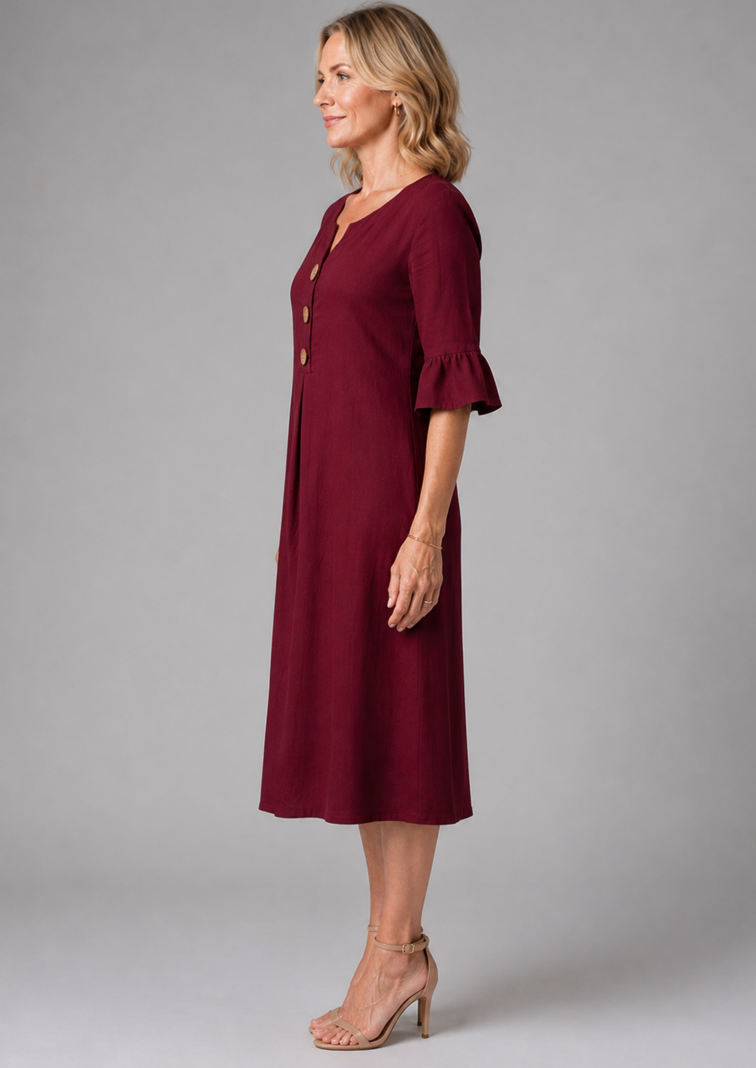 Women’s Linen Blend Midi Dress with V-Neck