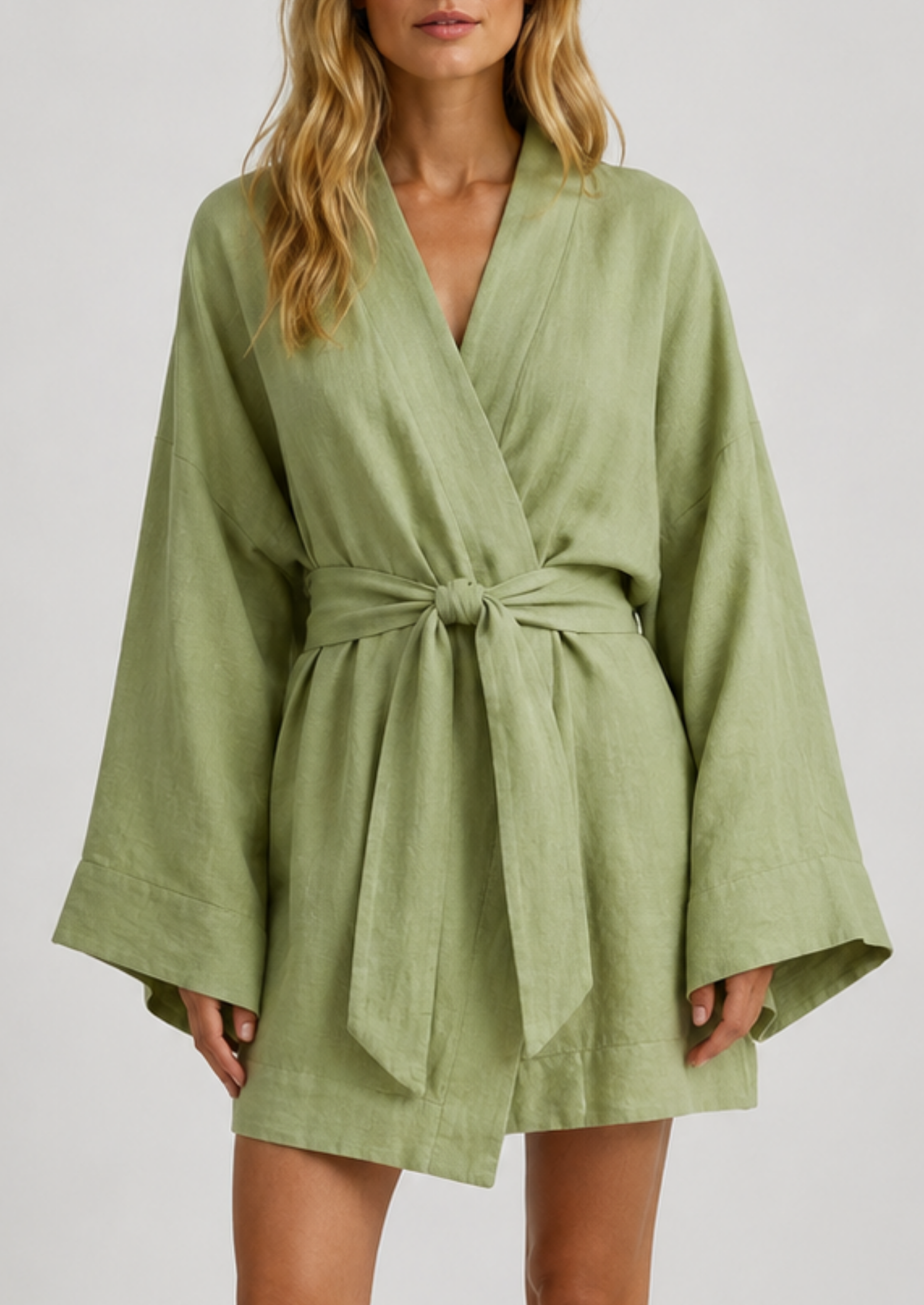 Women’s Linen Blend Mini Dress with Flare Sleeves
