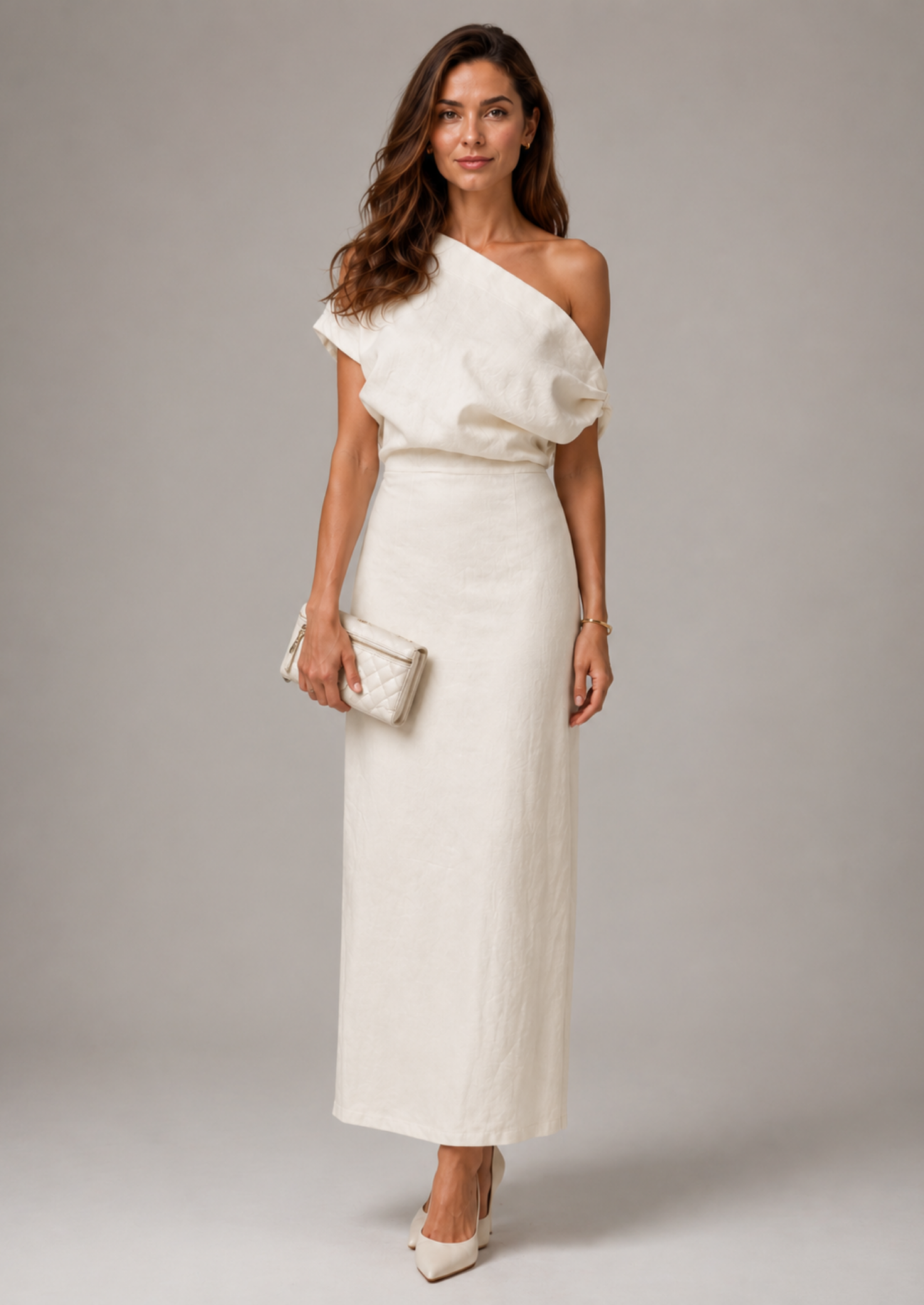 Women’s Linen Look Midi Dress with Diagonal Neckline