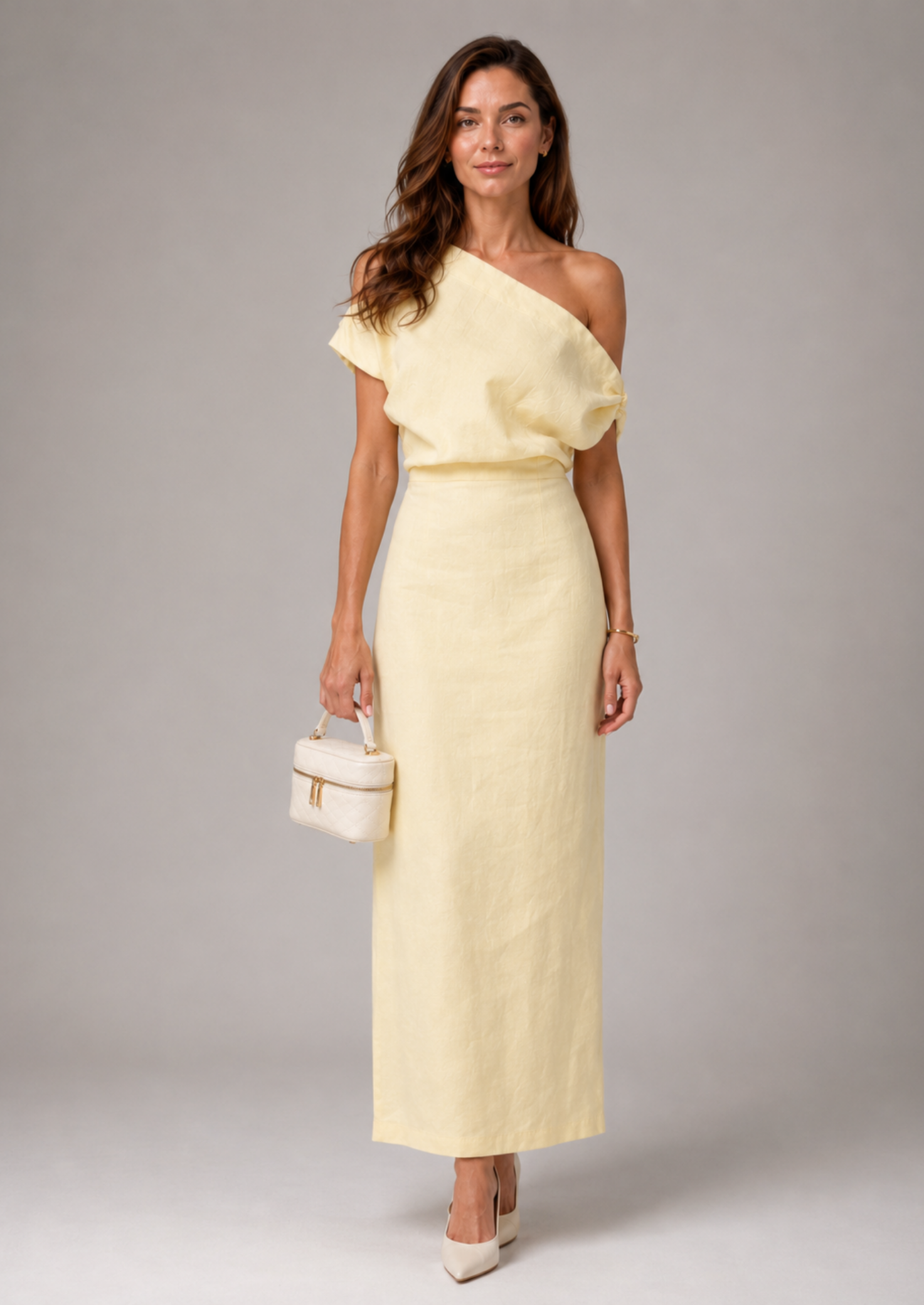 Women’s Linen Look Midi Dress with Diagonal Neckline