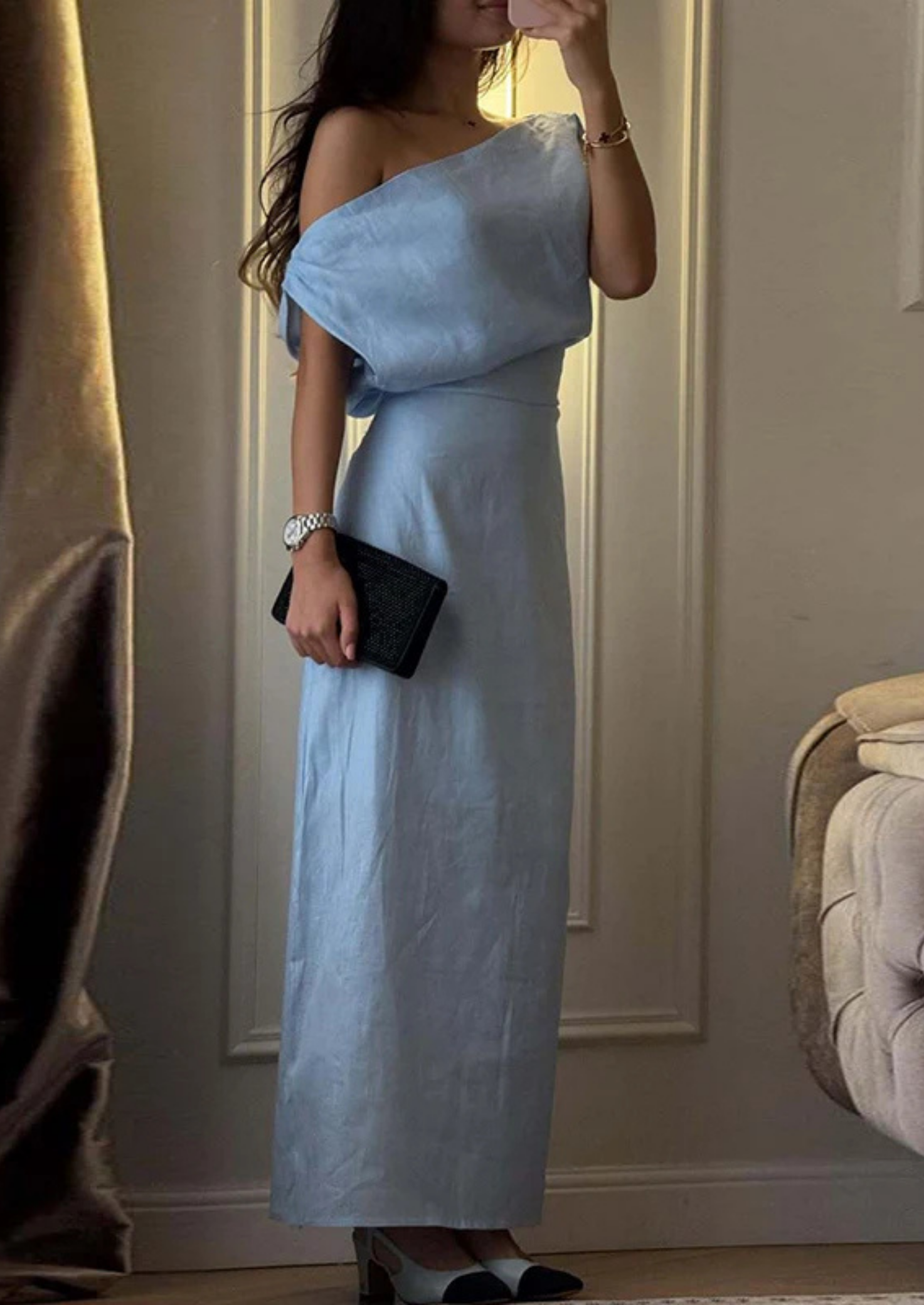 Women’s Linen Look Midi Dress with Diagonal Neckline