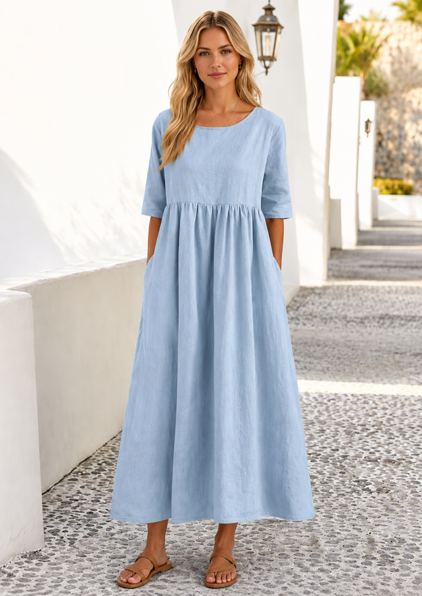 Women’s Linen Look Midi Dress with Short Sleeves