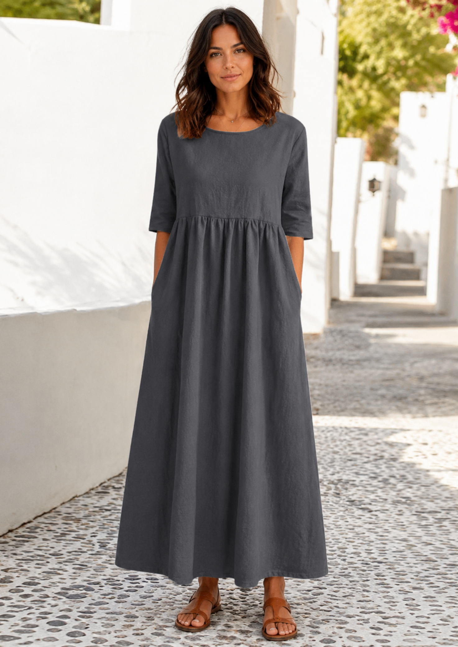 Women’s Linen Look Midi Dress with Short Sleeves