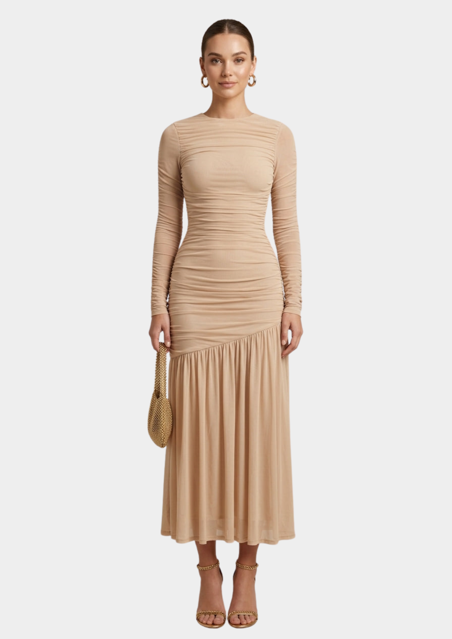 Women’s Long Sleeve Maxi Dress with Ruched Bodice and Drop Waist