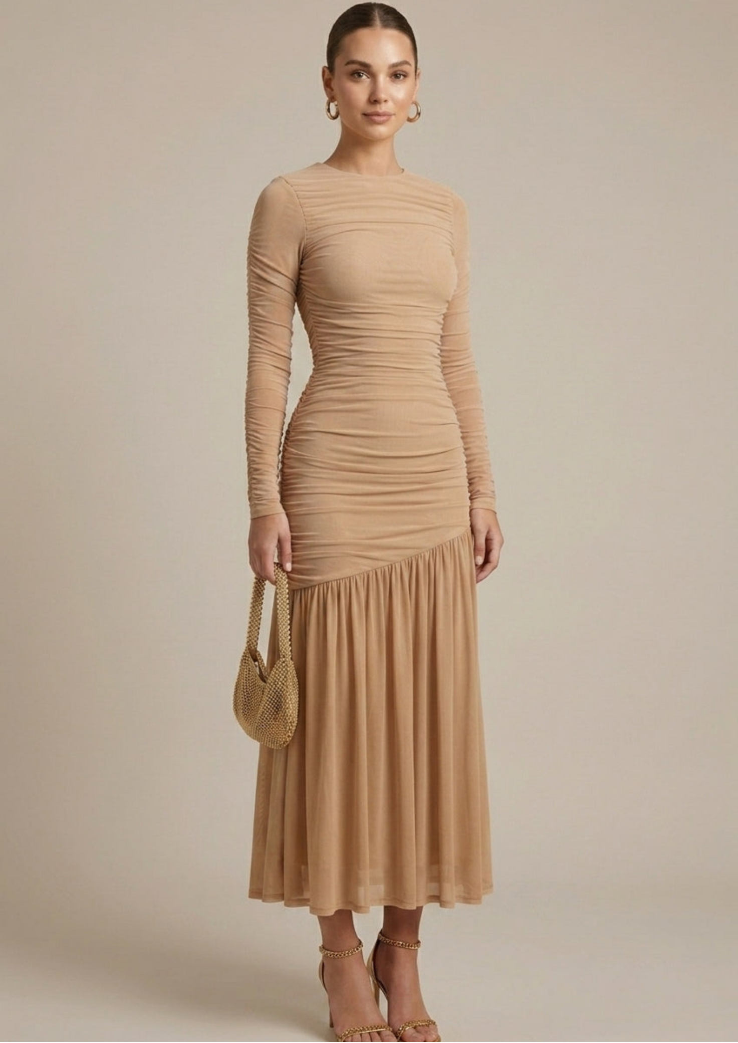 Women’s Long Sleeve Maxi Dress with Ruched Bodice and Drop Waist