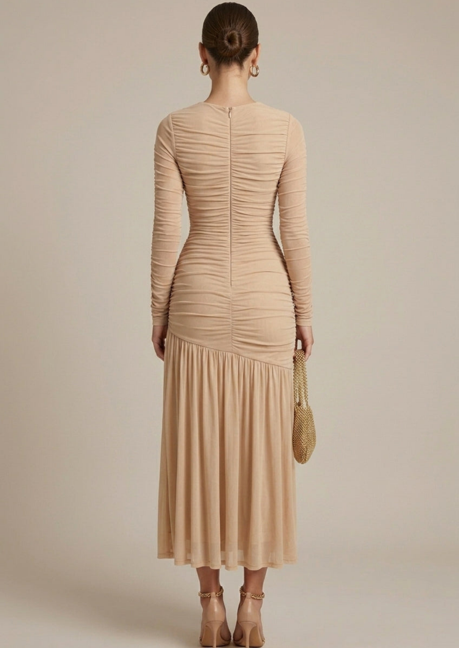 Women’s Long Sleeve Maxi Dress with Ruched Bodice and Drop Waist