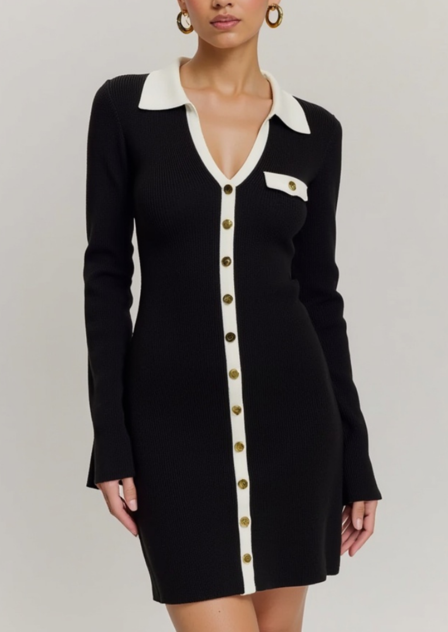 Women’s Long Sleeve Mini Dress with Contrast Trim Collar