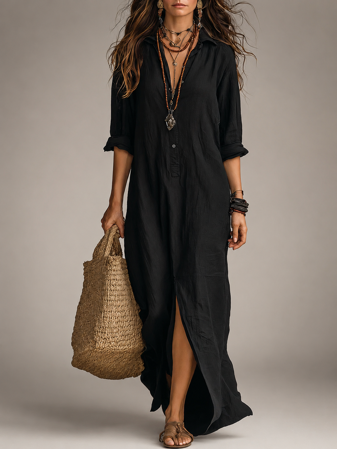 Women’s Maxi Dress with Button Front and Roll-Up Sleeves