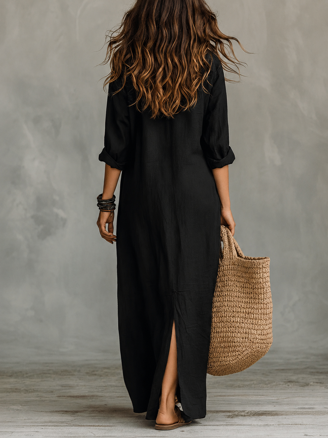 Women’s Maxi Dress with Button Front and Roll-Up Sleeves