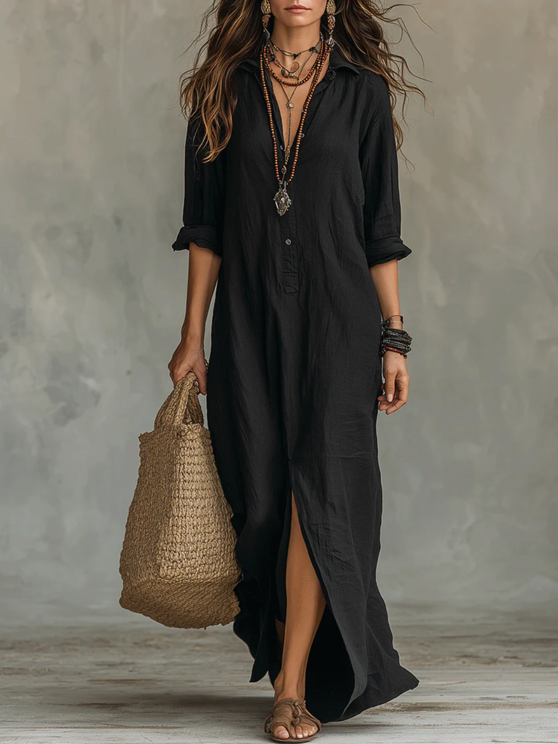 Women’s Maxi Dress with Button Front and Roll-Up Sleeves
