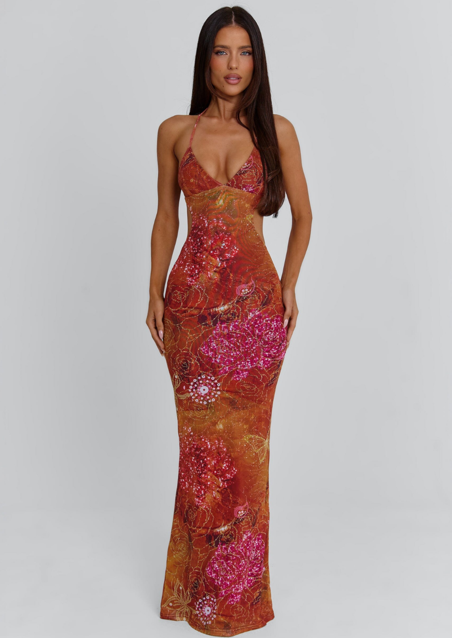 Women’s Maxi Dress with Spaghetti Straps and Mesh Overlay