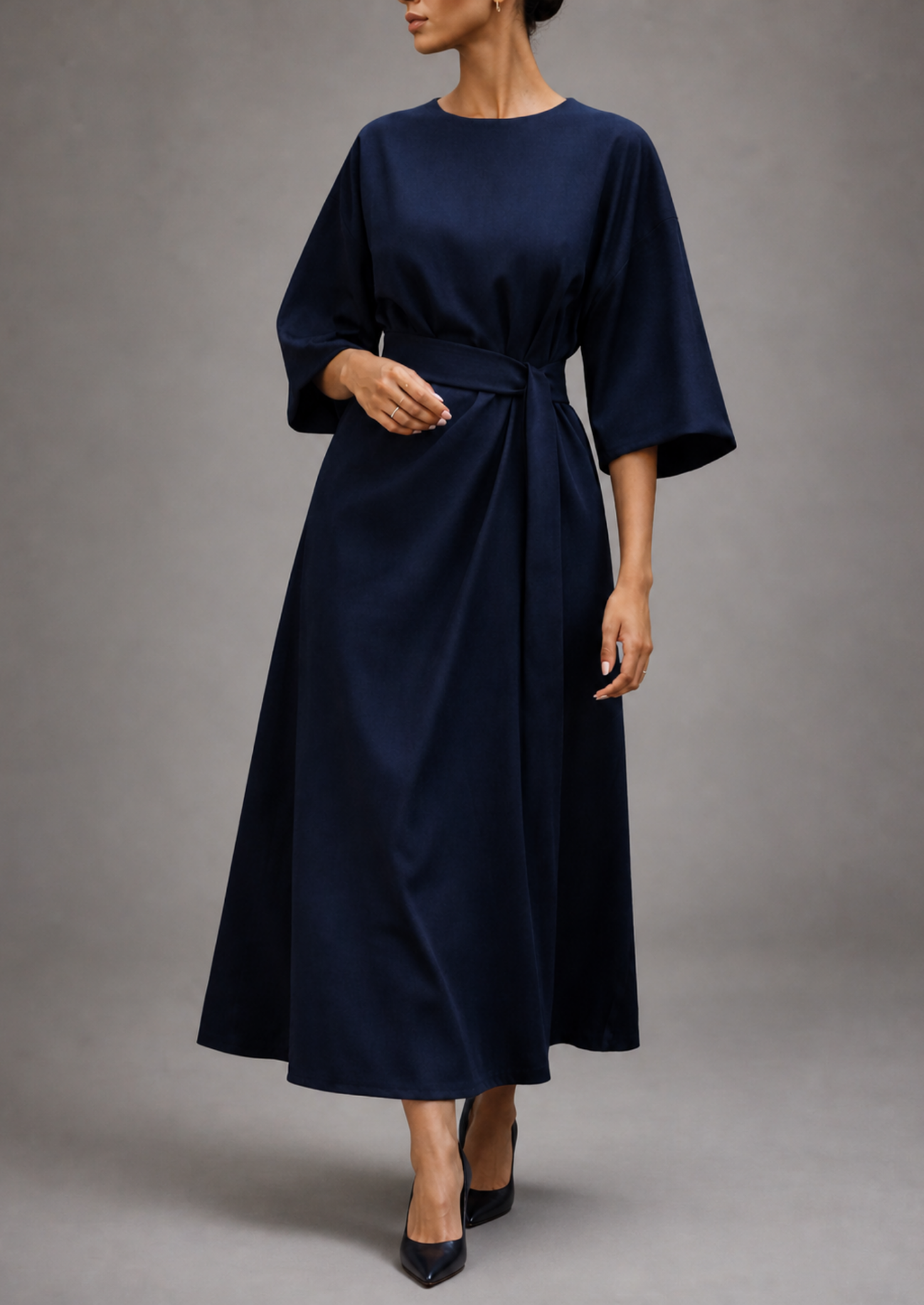 Women’s Midi Dress with Short Sleeves and Belt