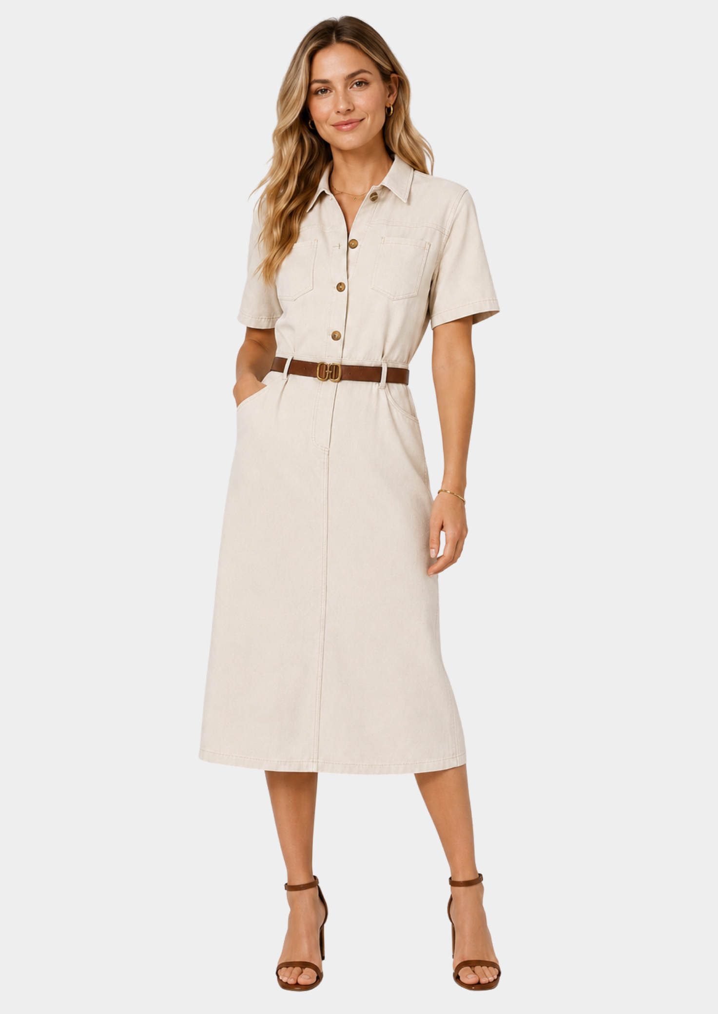 Women’s Midi Shirt Dress with Short Sleeves and Belt