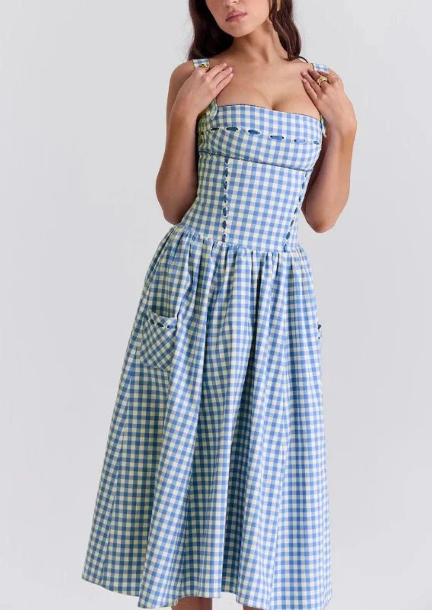 Women’s Midi Sundress with Spaghetti Straps and Gathered Waist