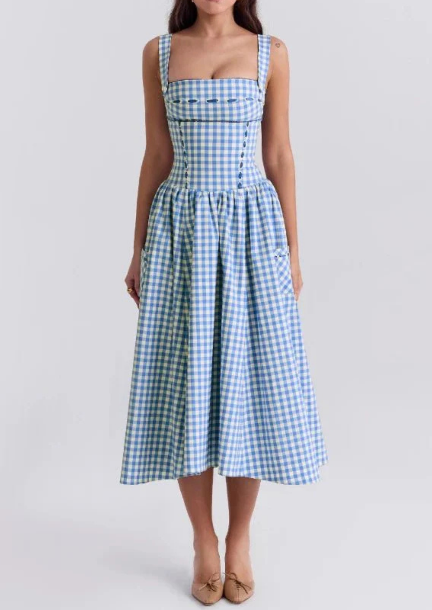 Women’s Midi Sundress with Spaghetti Straps and Gathered Waist