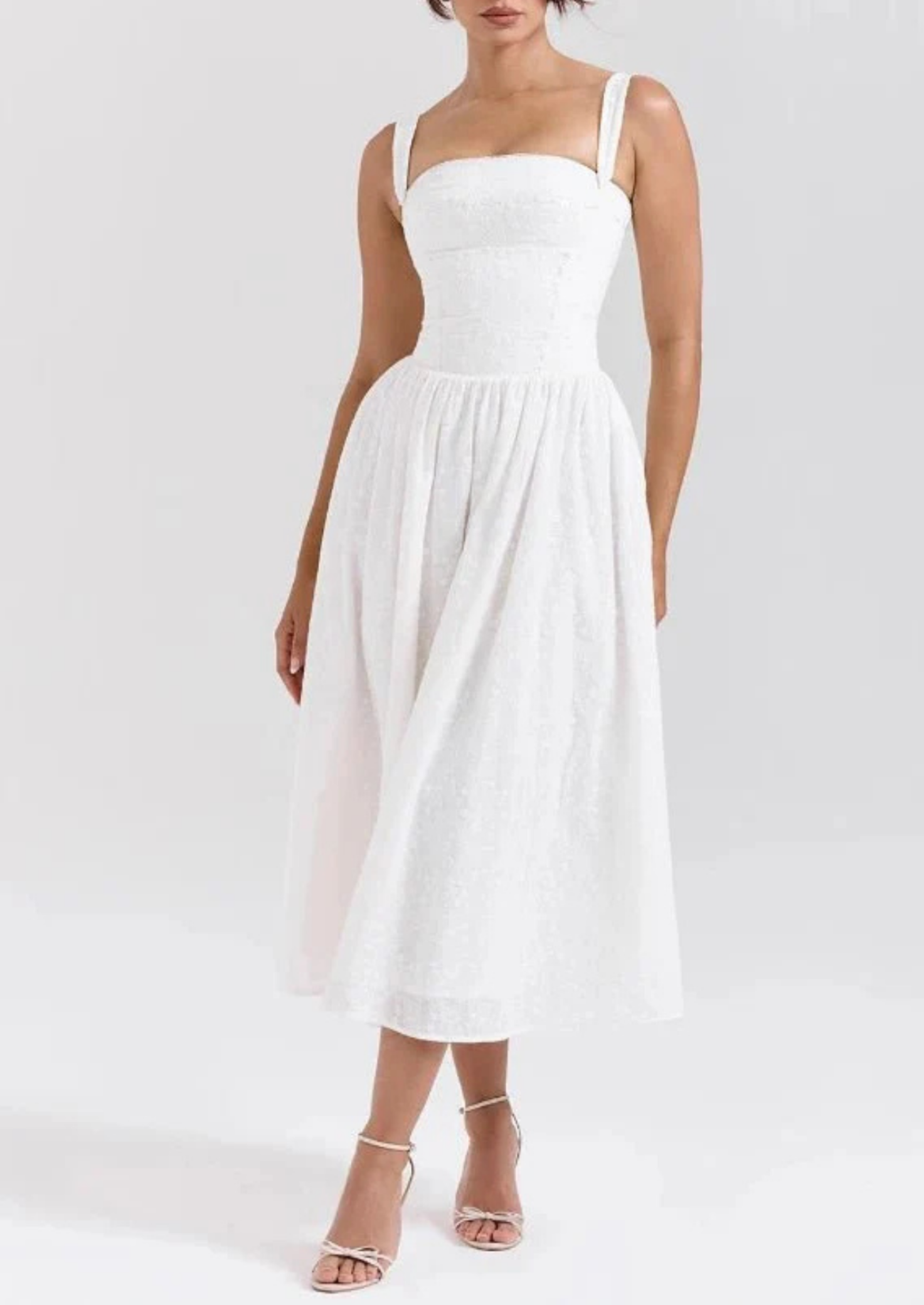 Women’s Midi Sundress with Spaghetti Straps and Gathered Waist