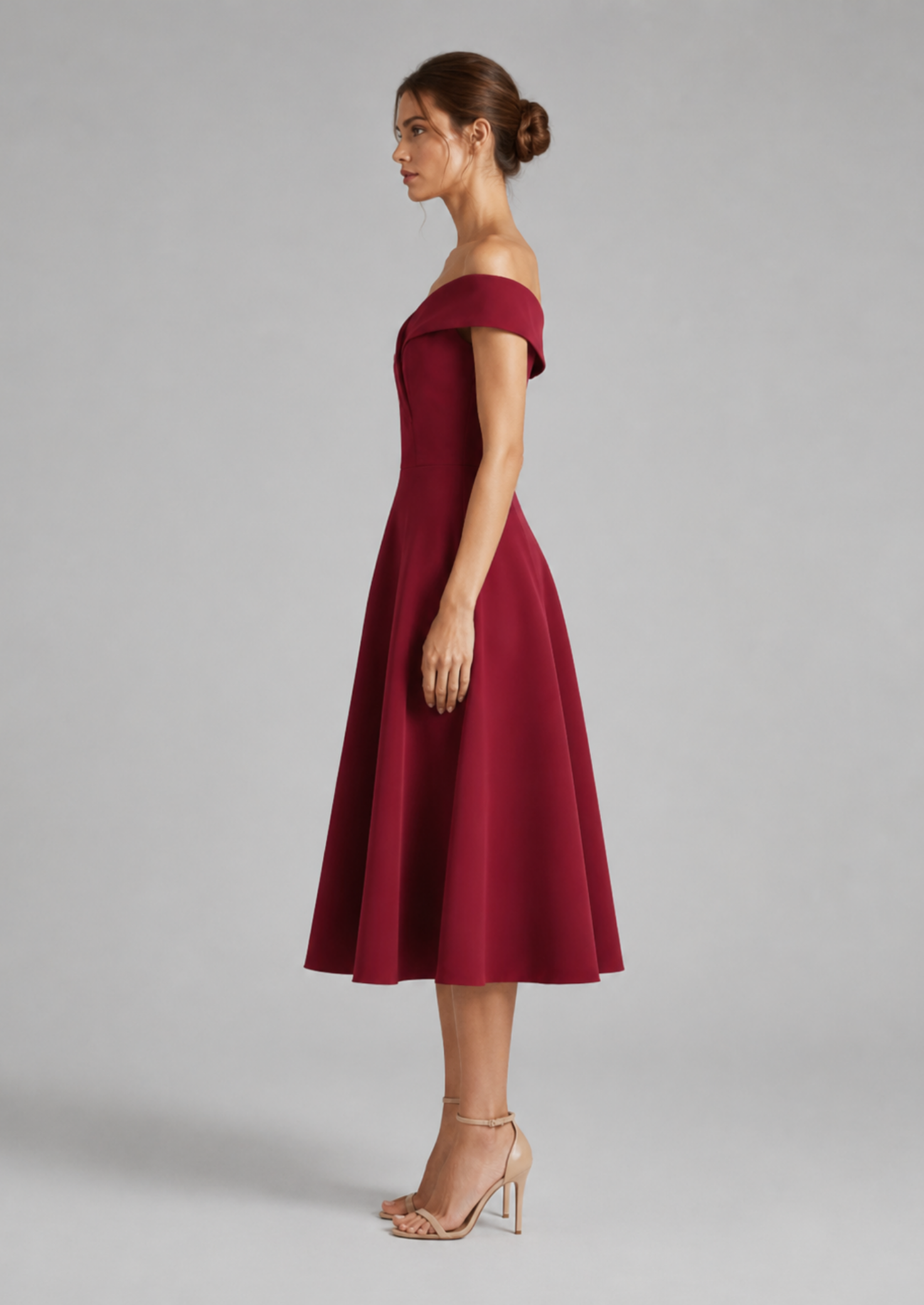 Women’s Off-Shoulder Midi Dress with Fitted Waist
