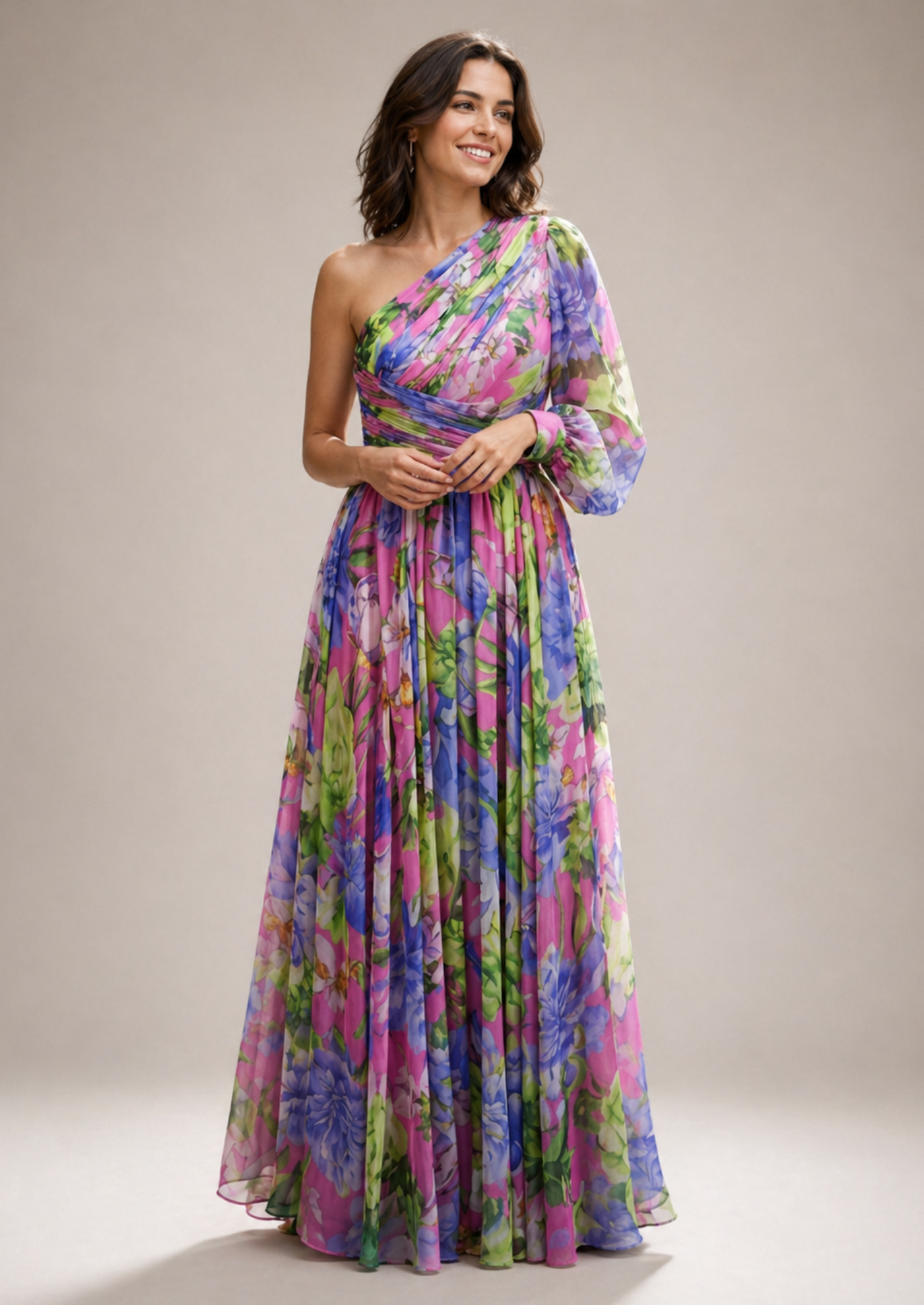 Women’s One-Shoulder Floral Maxi Dress with Asymmetric Neckline