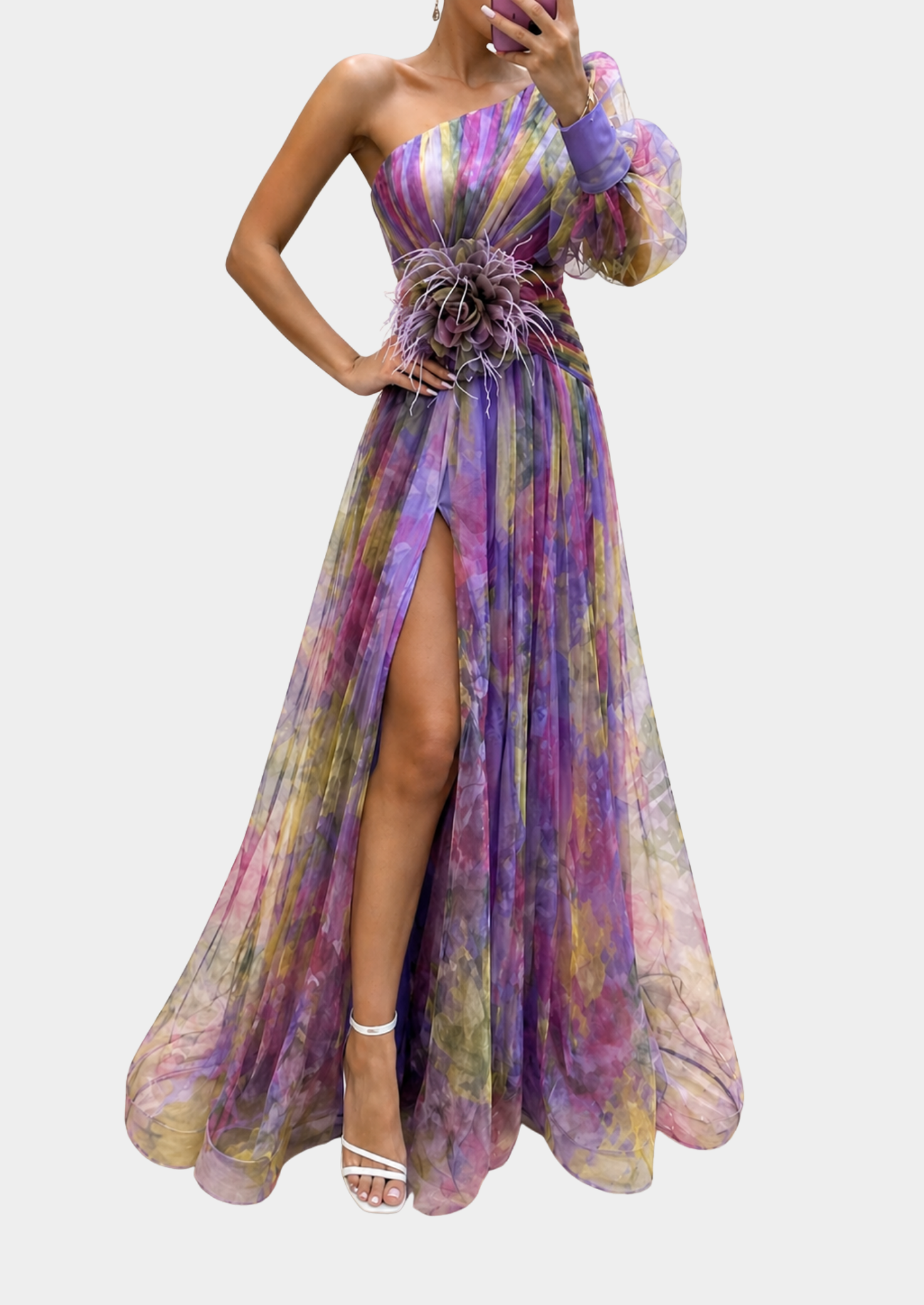 Women’s One-Shoulder Maxi Dress with Floral Print and Side Slit