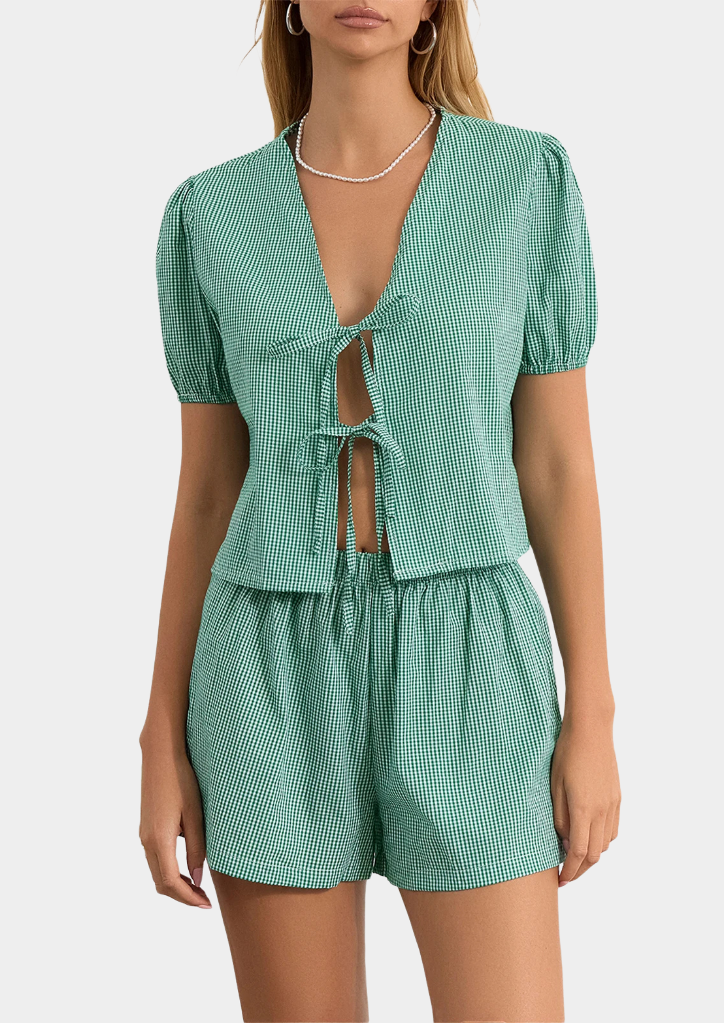 Women’s Plaid Blouse and Shorts Set with Puff Sleeves