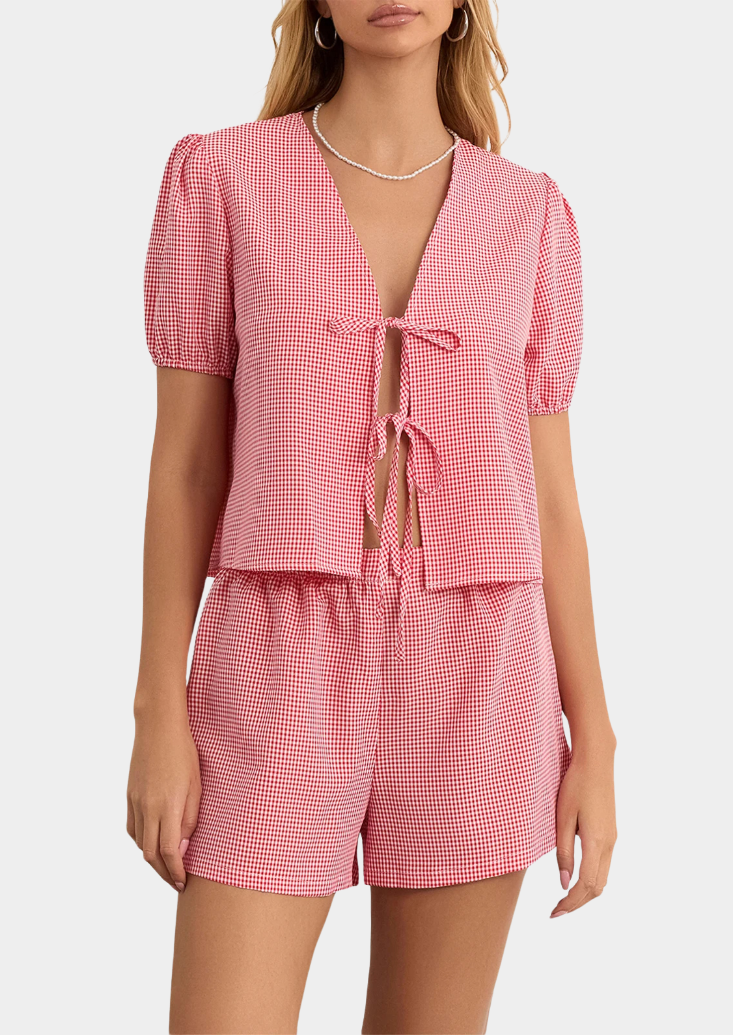 Women’s Plaid Blouse and Shorts Set with Puff Sleeves
