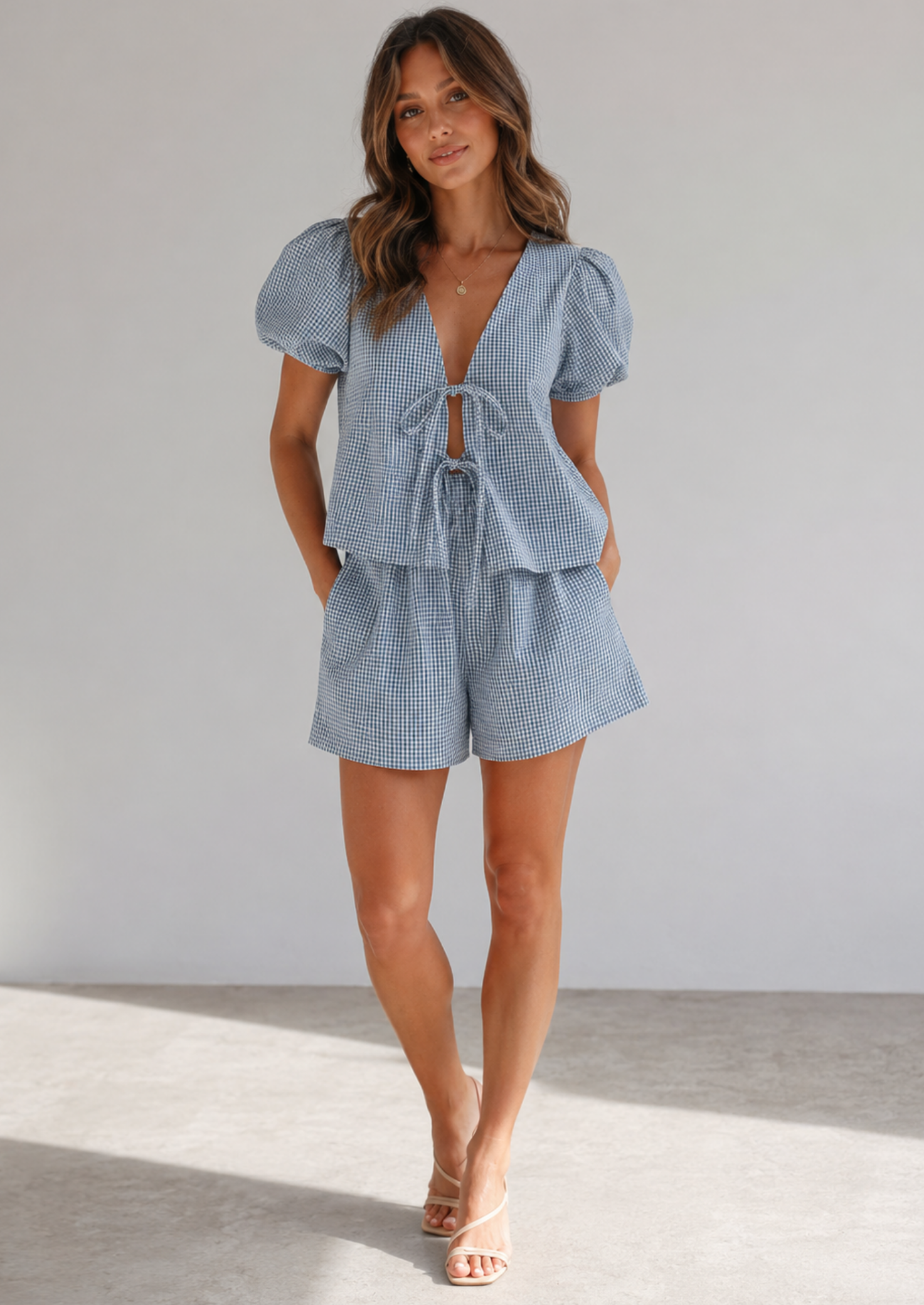 Women’s Plaid Blouse and Shorts Set with Puff Sleeves