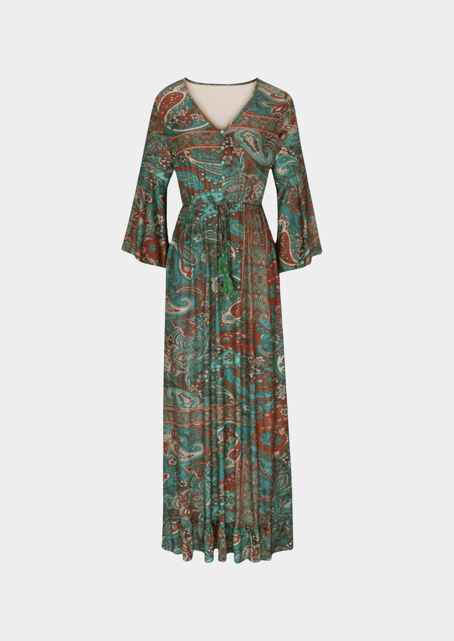 Women’s Printed Maxi Dress with V-Neck and Long Sleeves