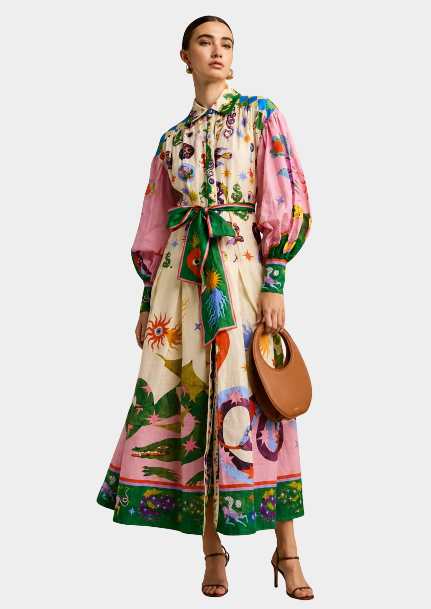 Women’s Printed Maxi Shirt Dress with Long Sleeves