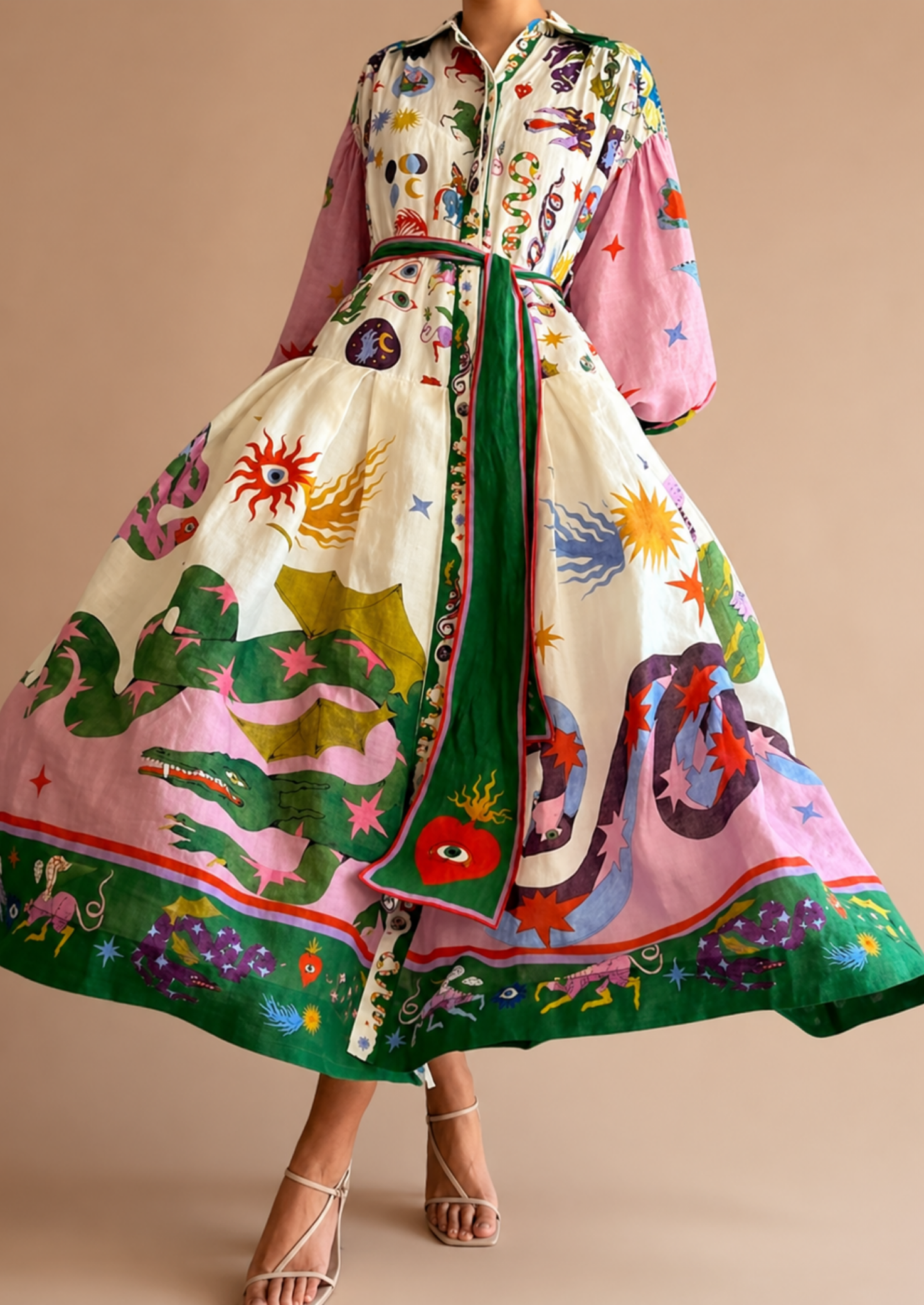 Women’s Printed Maxi Shirt Dress with Long Sleeves