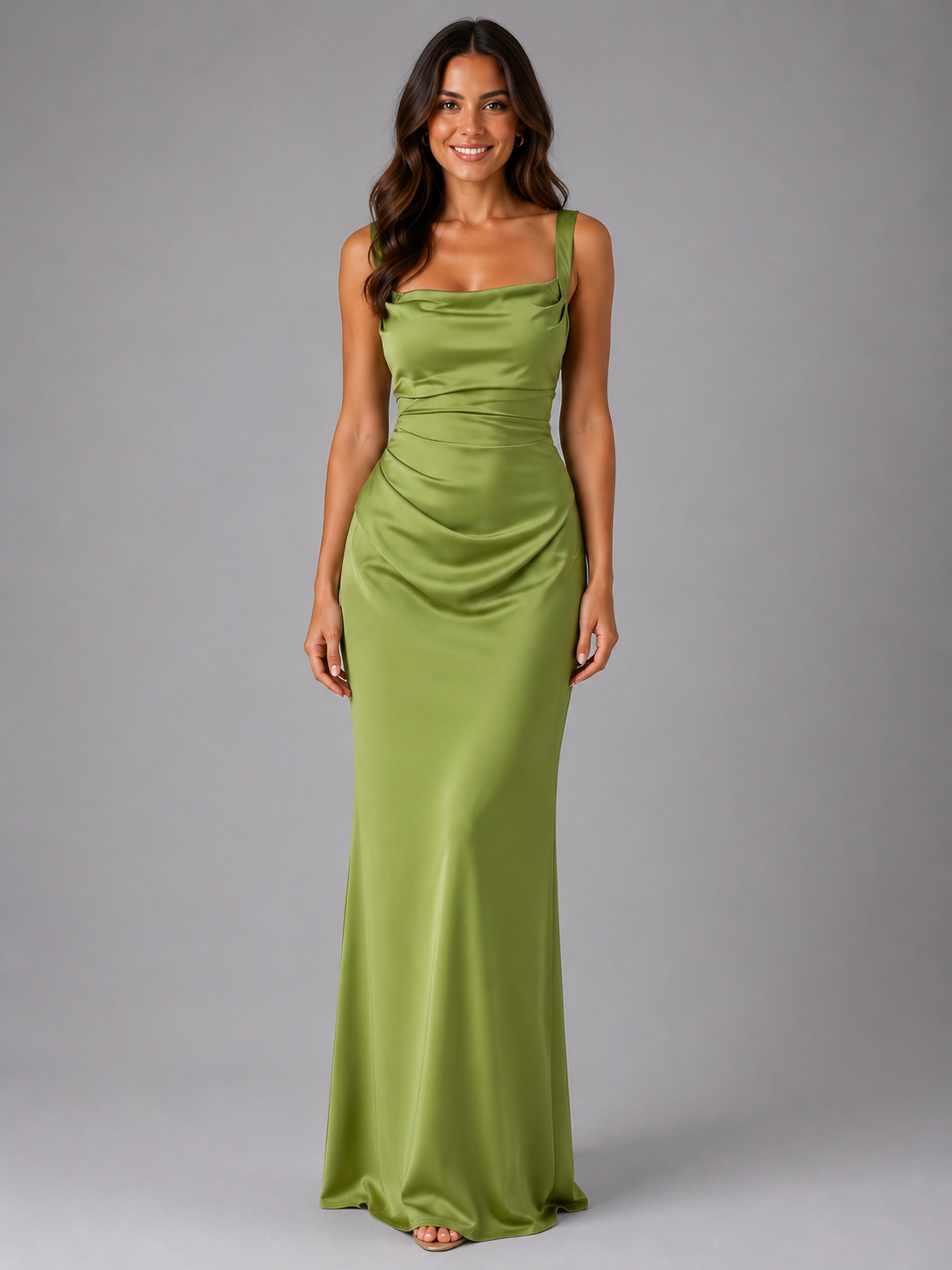 Women’s Satin Maxi Dress with Square Neck and Ruched Waist