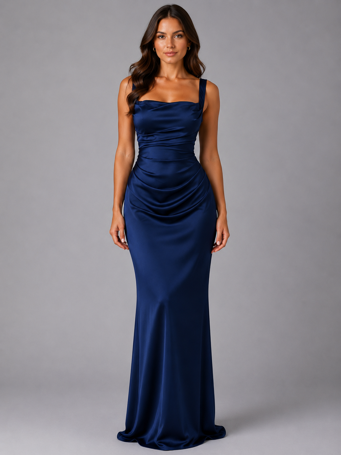 Women’s Satin Maxi Dress with Square Neck and Ruched Waist