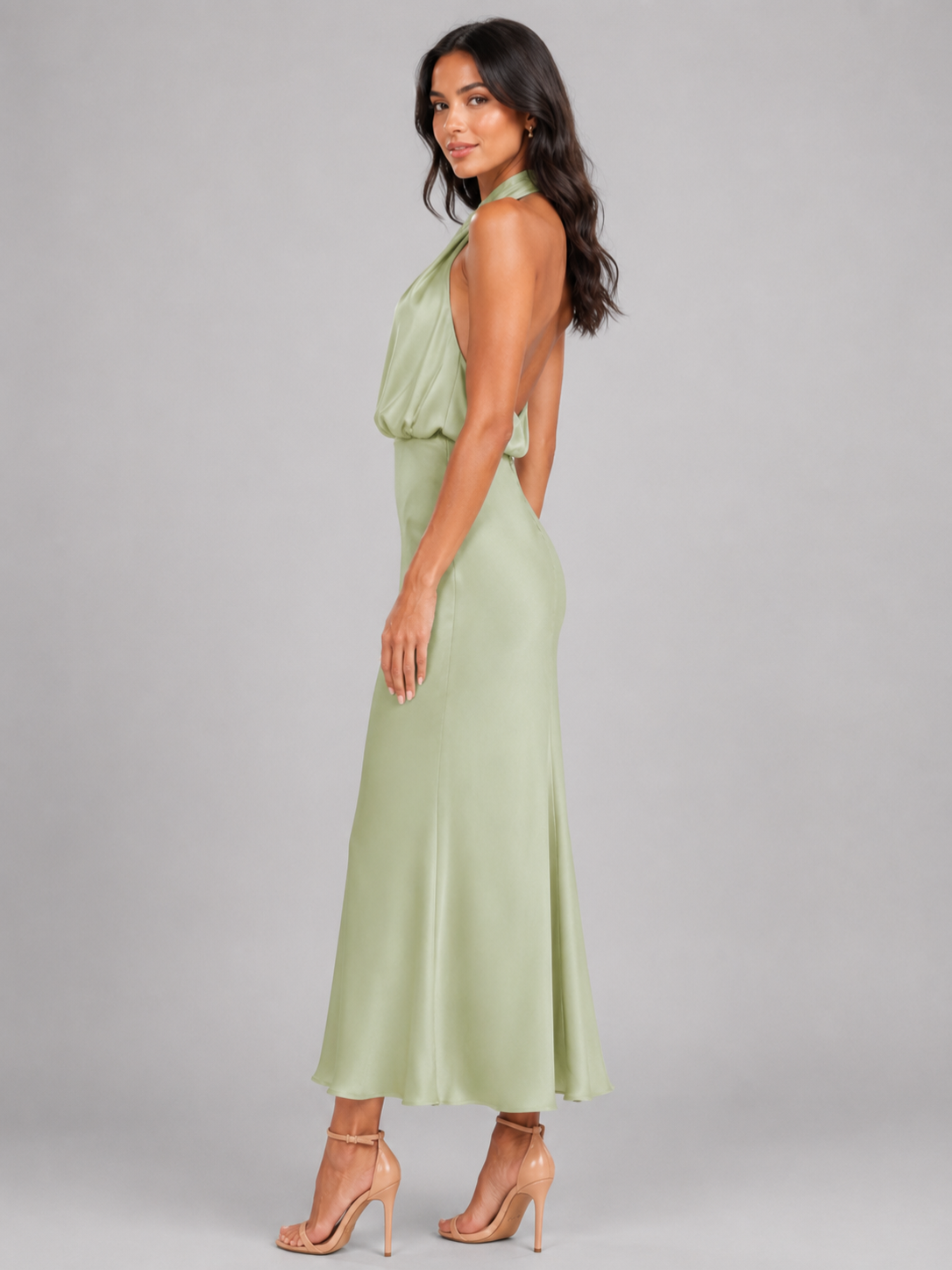 Women’s Satin Midi Dress with High Neckline