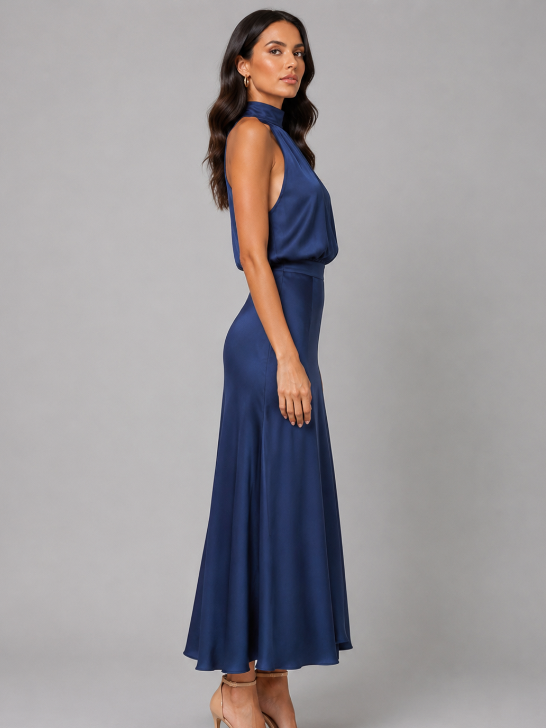 Women’s Satin Midi Dress with High Neckline
