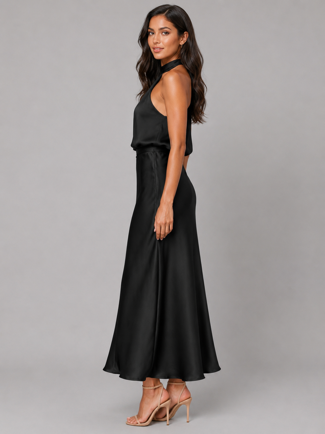 Women’s Satin Midi Dress with High Neckline