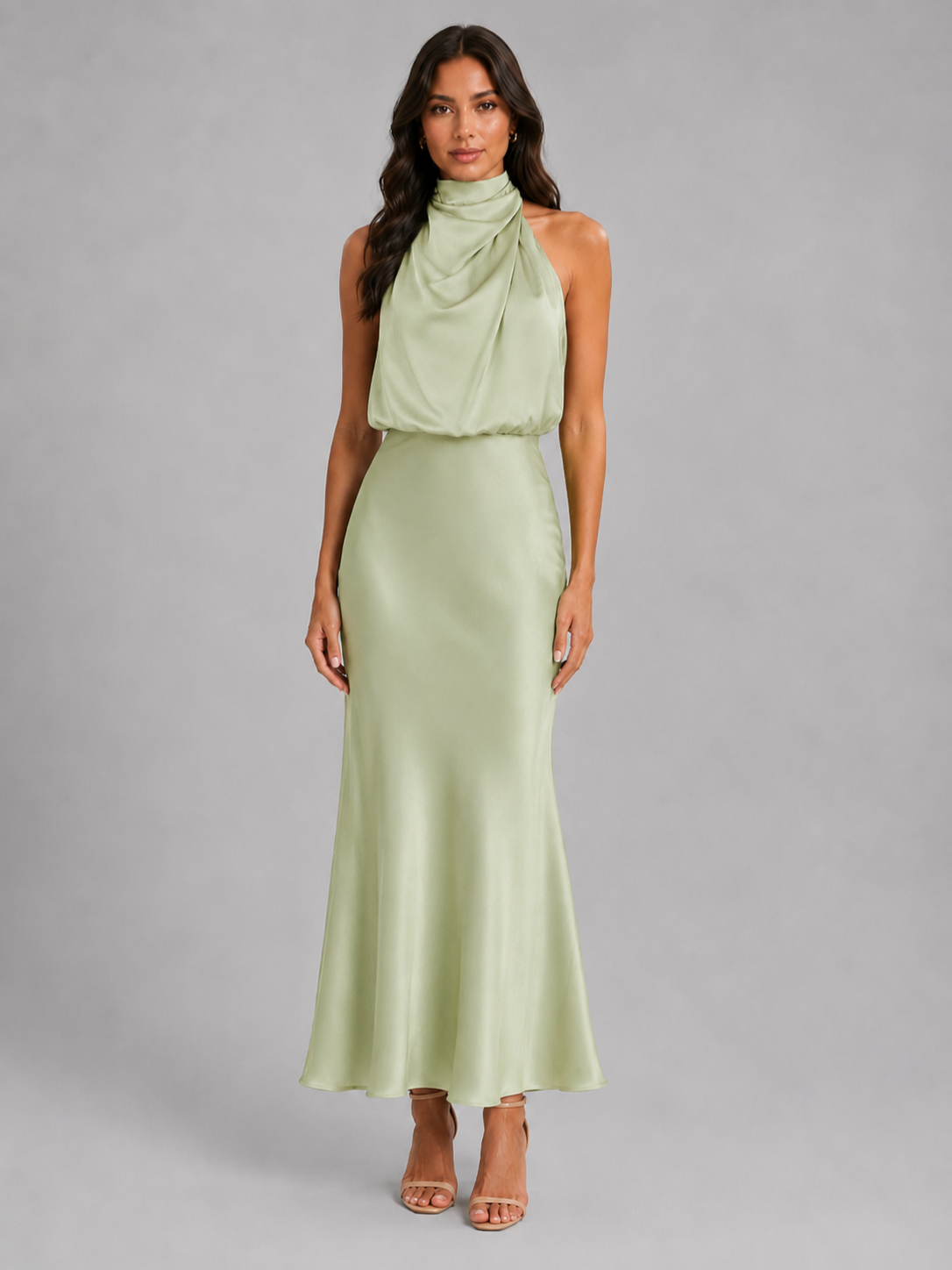 Women’s Satin Midi Dress with High Neckline