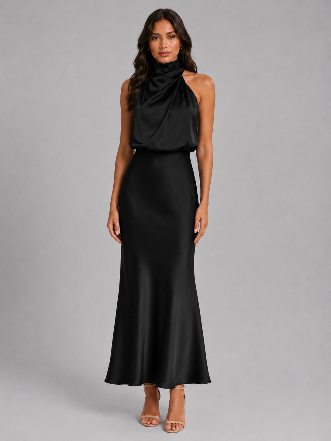 Women’s Satin Midi Dress with High Neckline