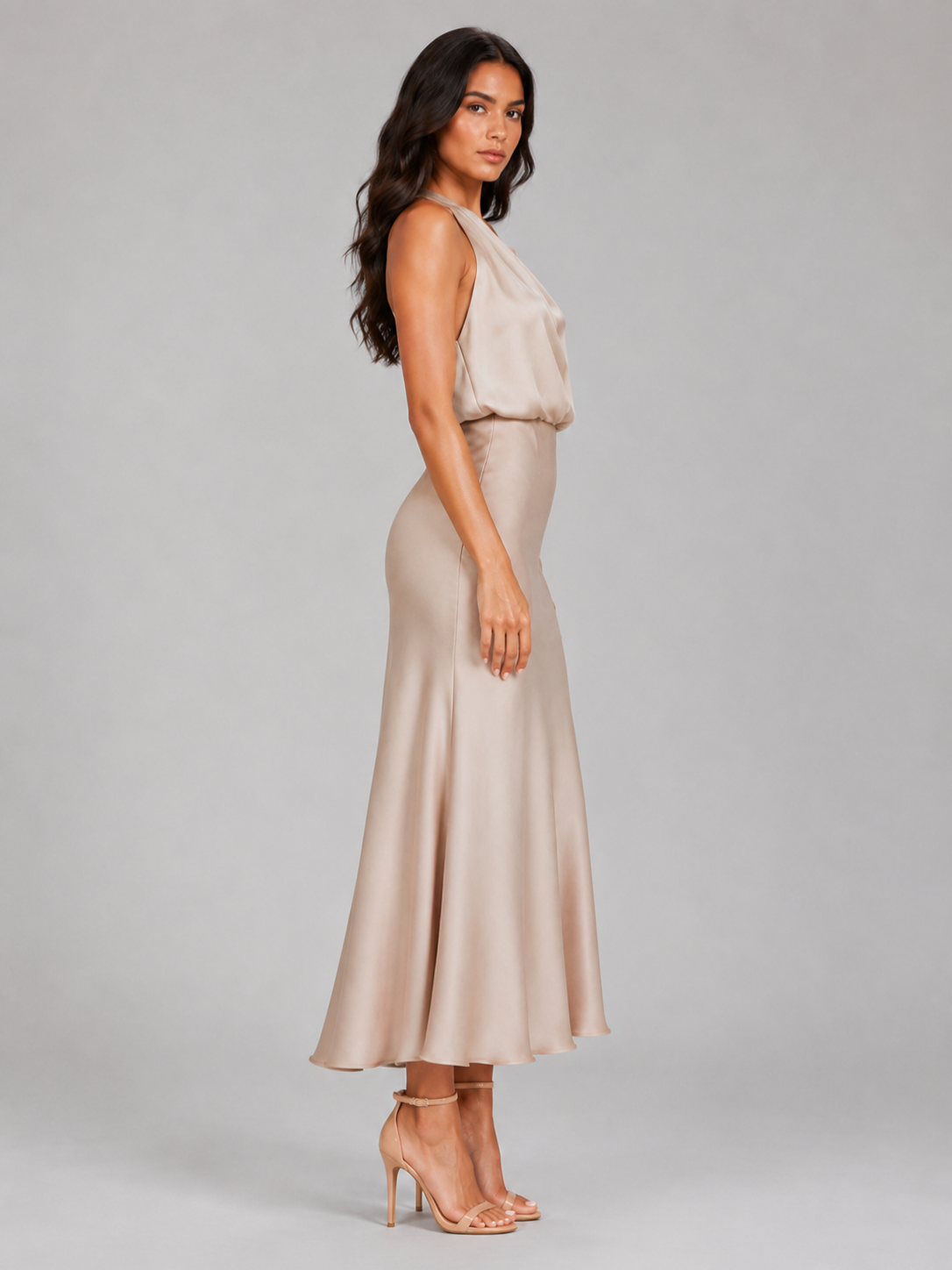 Women’s Satin Midi Dress with High Neckline