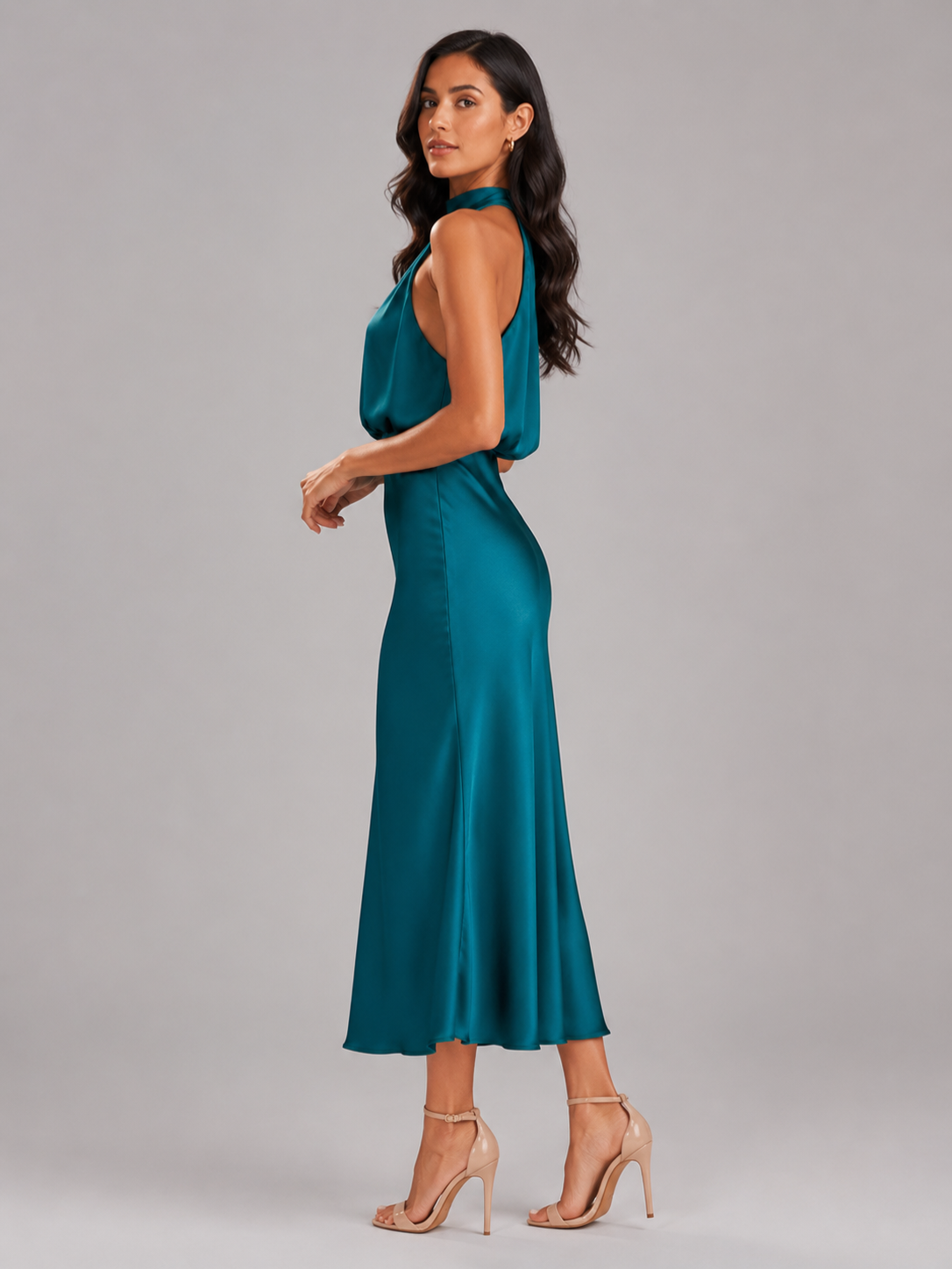 Women’s Satin Midi Dress with High Neckline