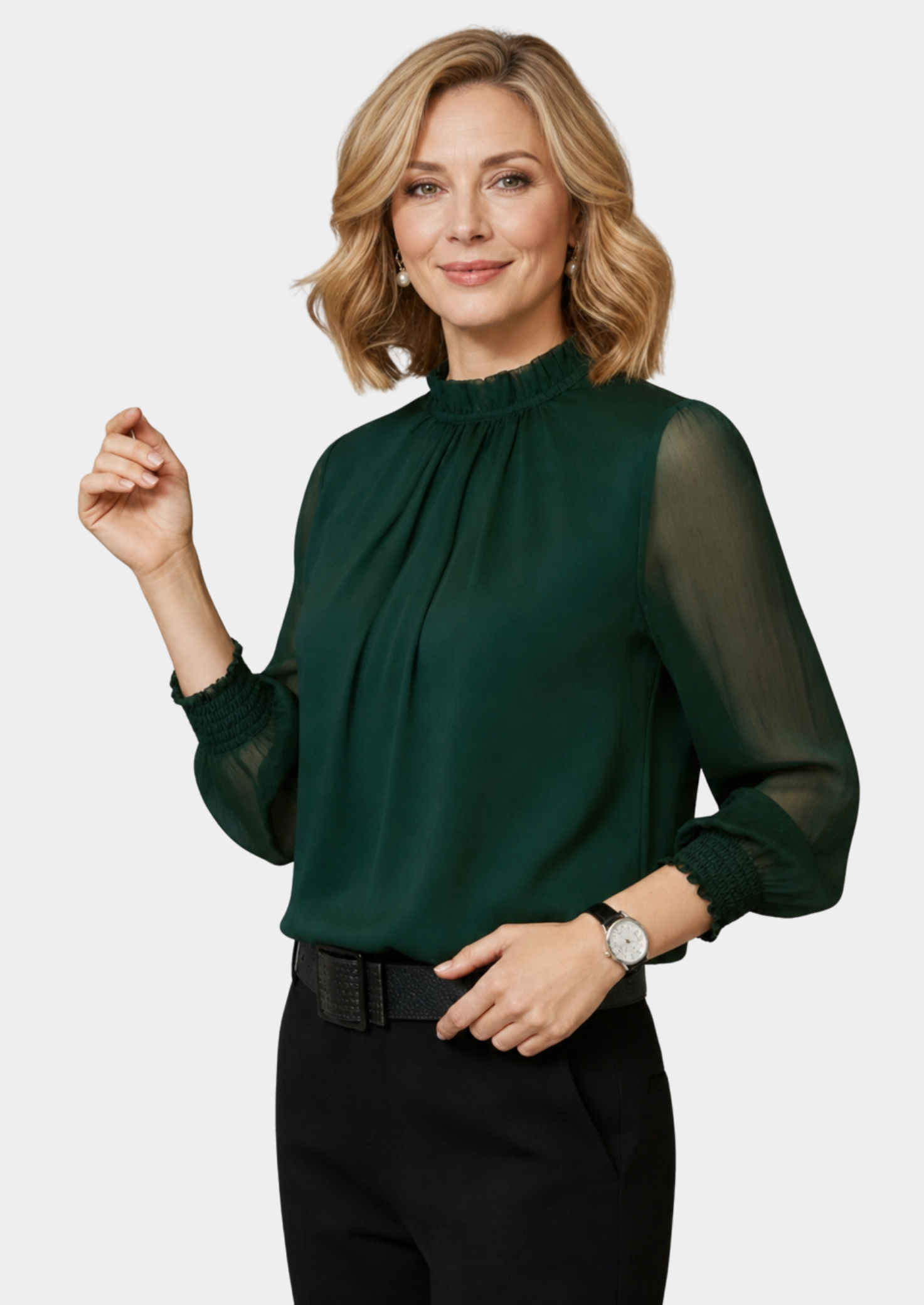 Women’s Sheer Sleeve Blouse with High Neck