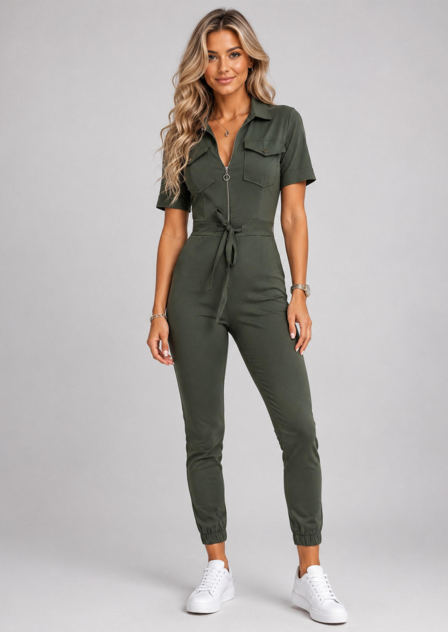 Women’s Short Sleeve Jumpsuit with Drawstring Waist and Chest Pockets