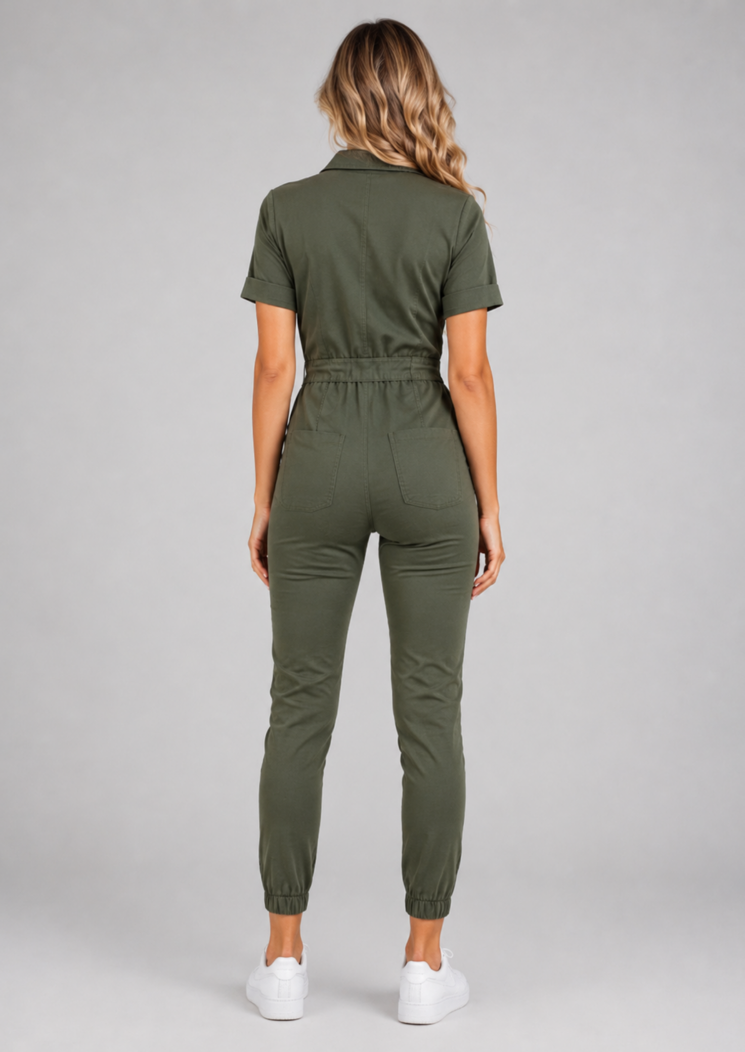Women’s Short Sleeve Jumpsuit with Drawstring Waist and Chest Pockets