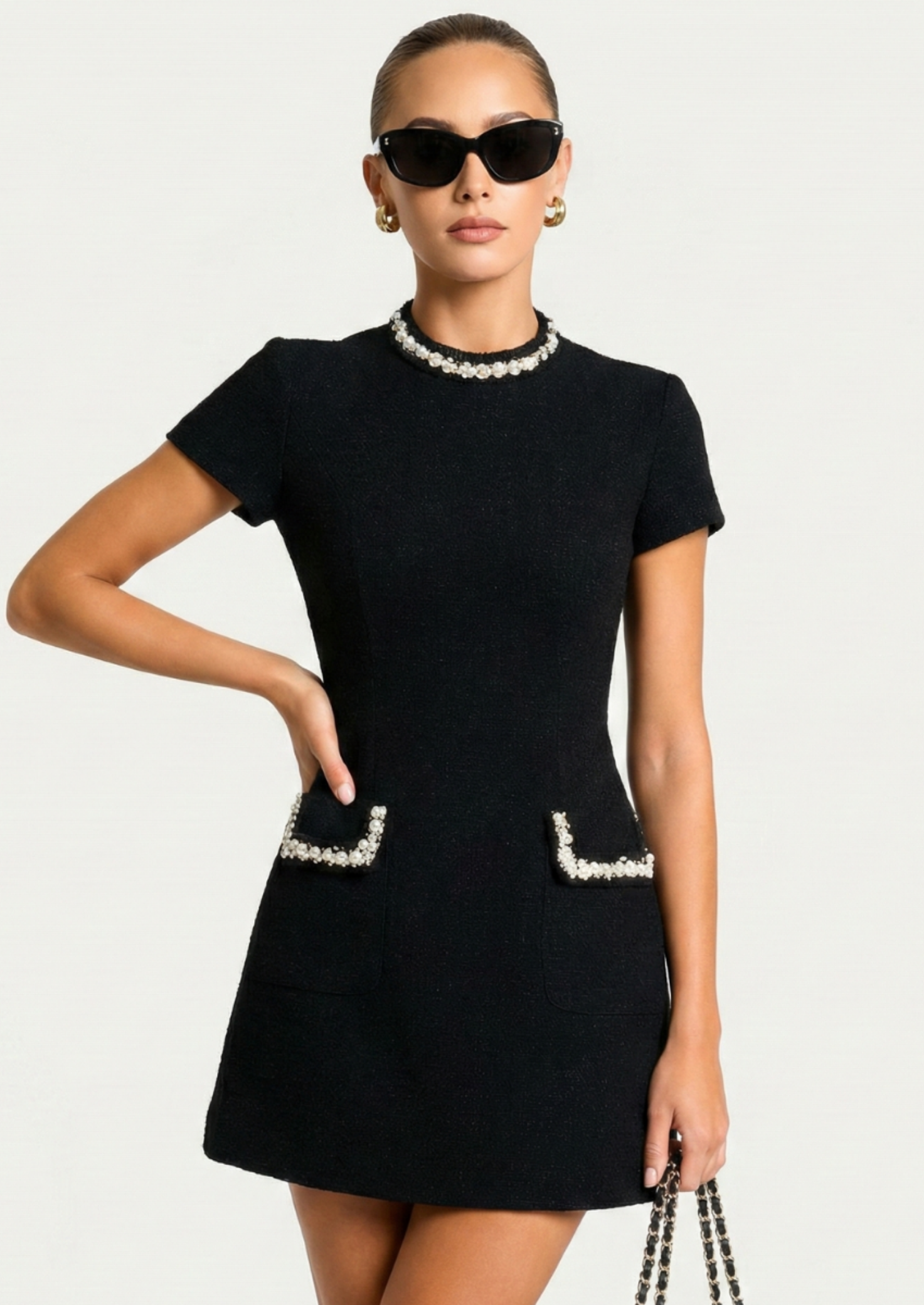 Women’s Short Sleeve Mini Dress with Pearl Trim Pockets
