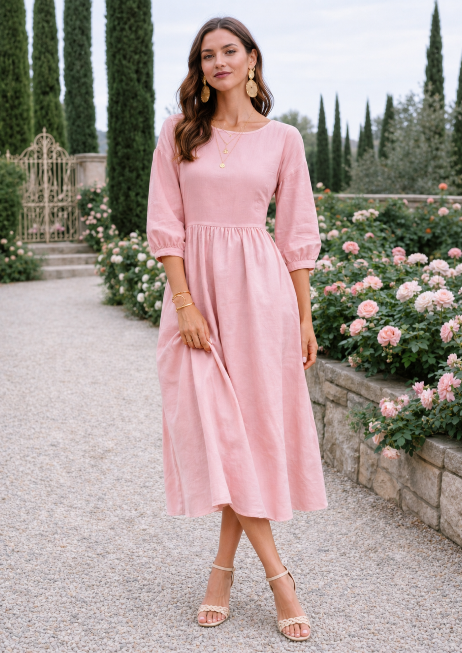 Women’s Smock Maxi Dress with 3/4 Sleeves and Pockets