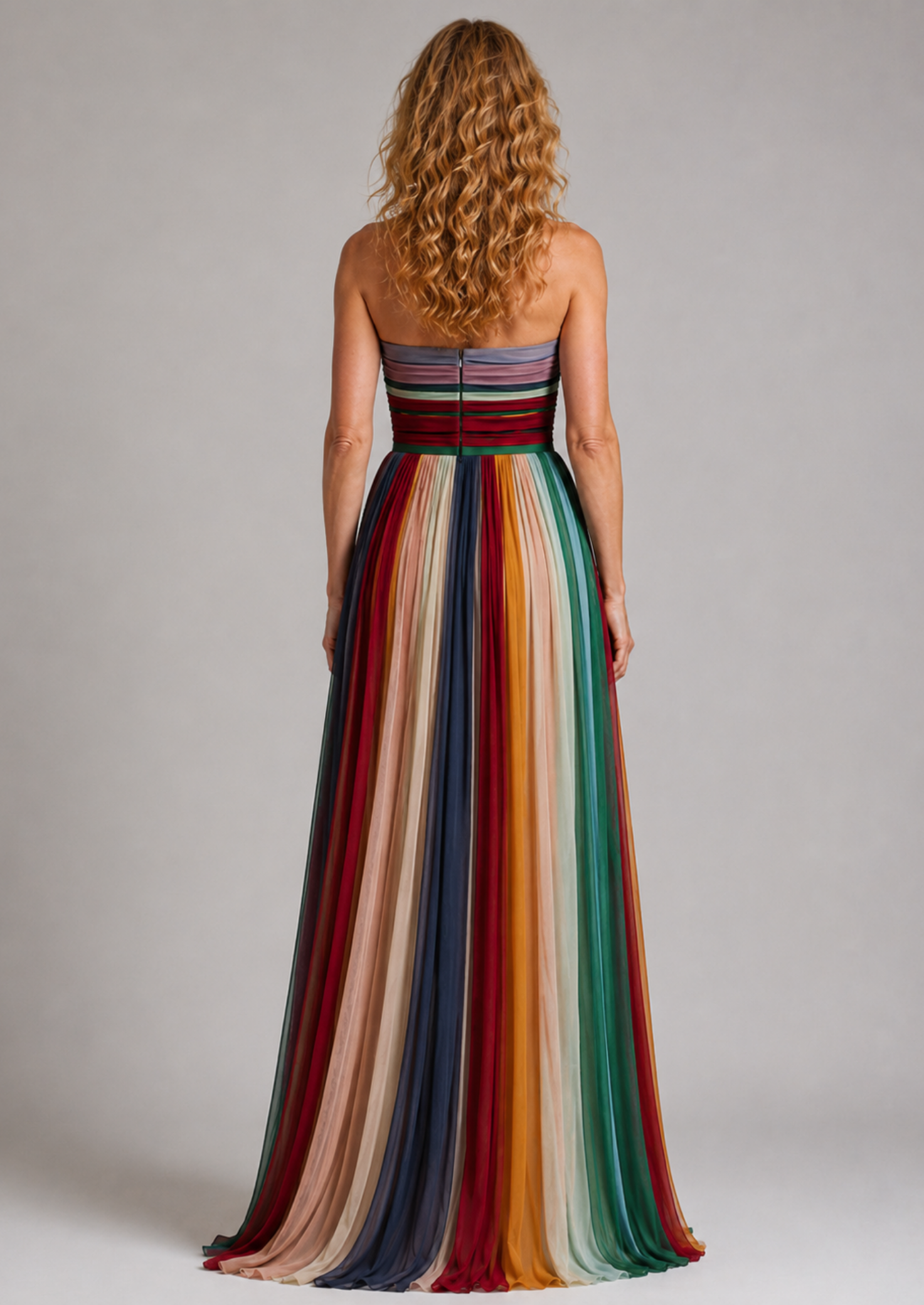 Women’s Strapless Maxi Dress with Multicolor Pleated Skirt