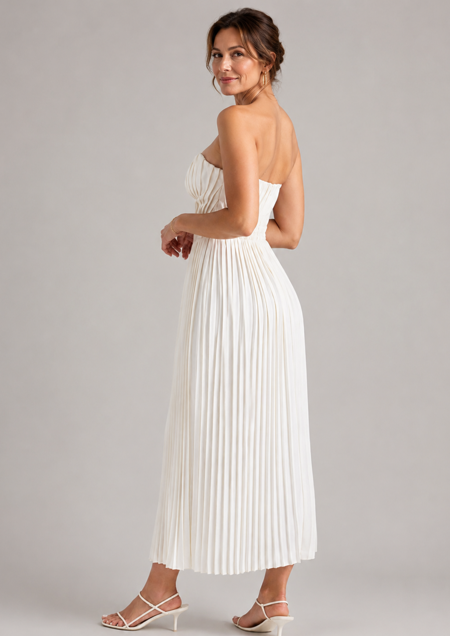 Women’s Strapless Pleated Midi Dress with Sweetheart Neckline