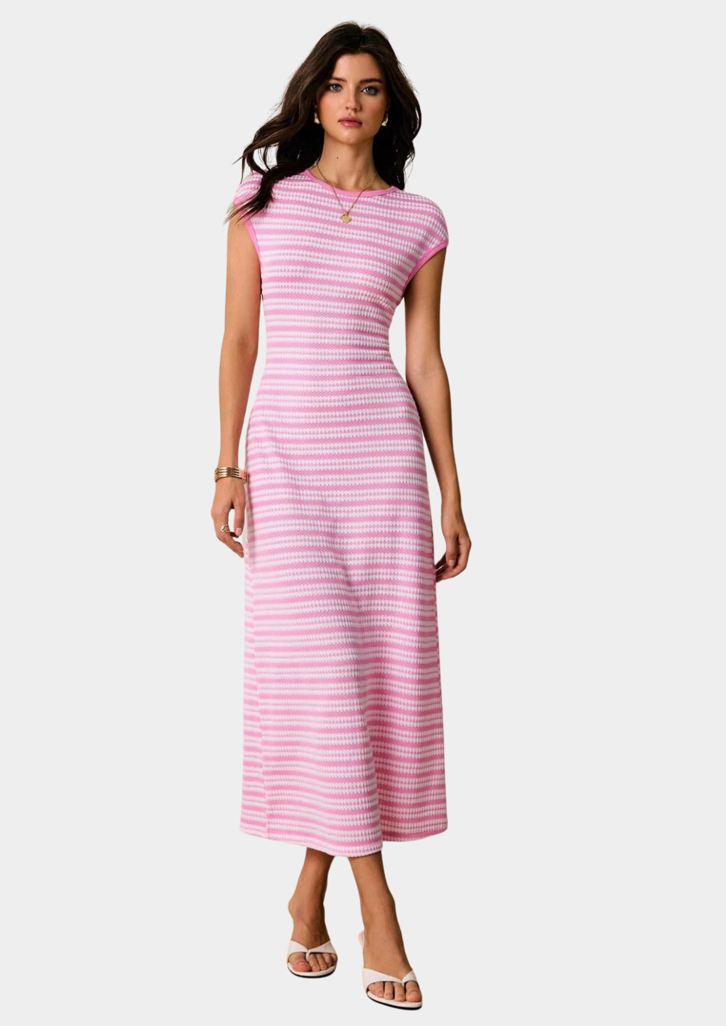 Women’s Striped Midi Dress with Short Sleeves