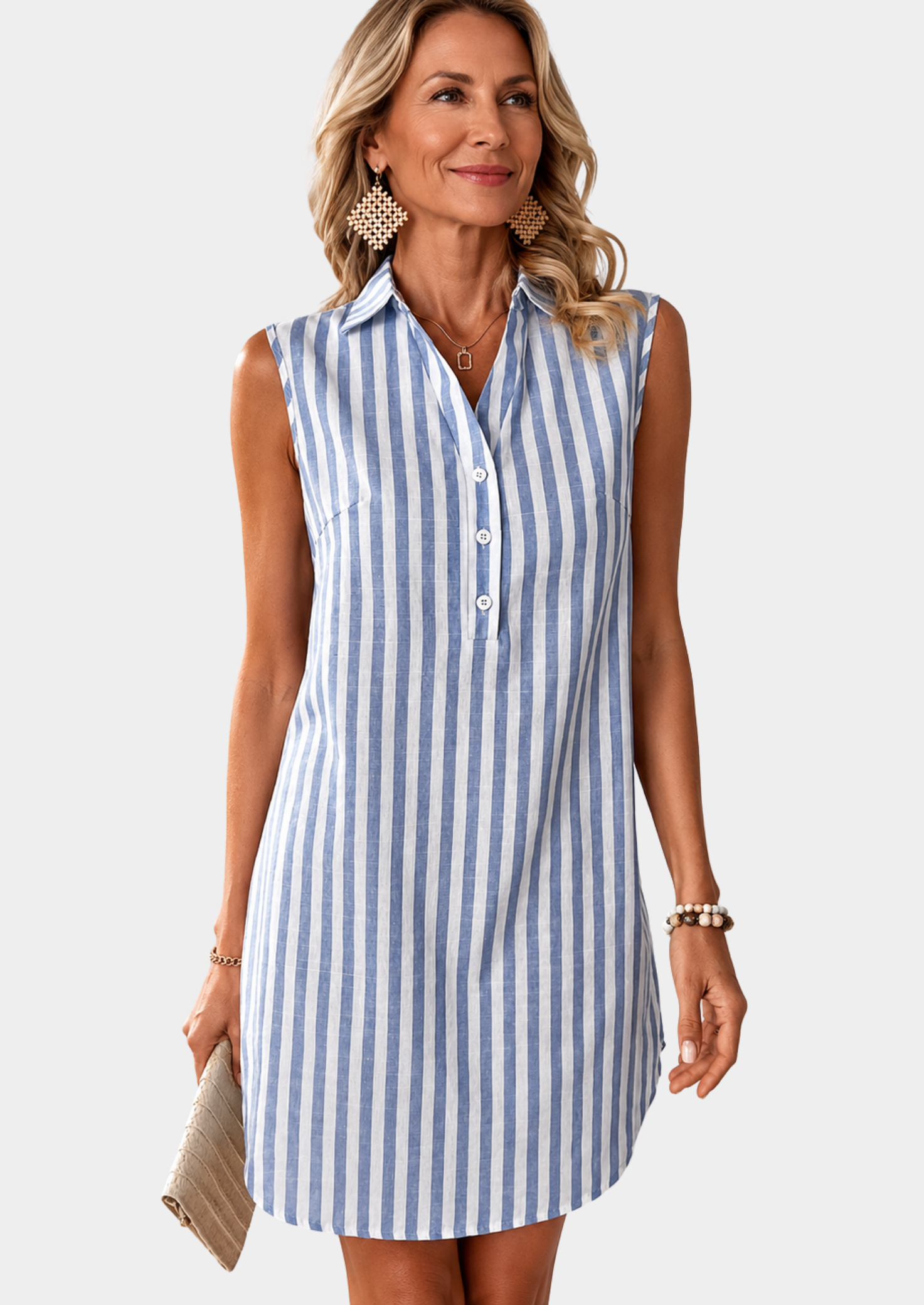 Women’s Striped Sleeveless Shirt Dress with Button-Up Front