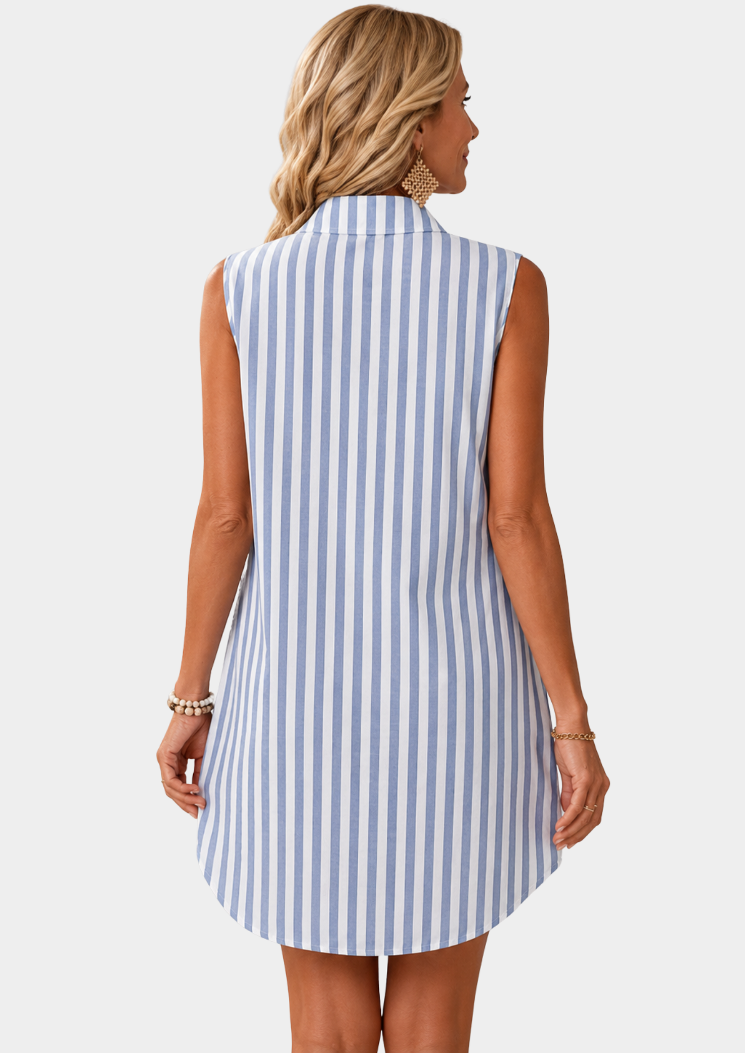 Women’s Striped Sleeveless Shirt Dress with Button-Up Front