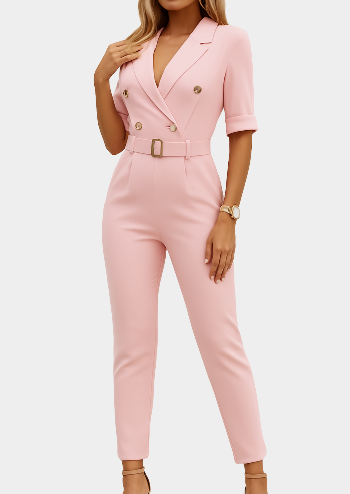Women’s Tailored Jumpsuit with Belt and V-Neckline